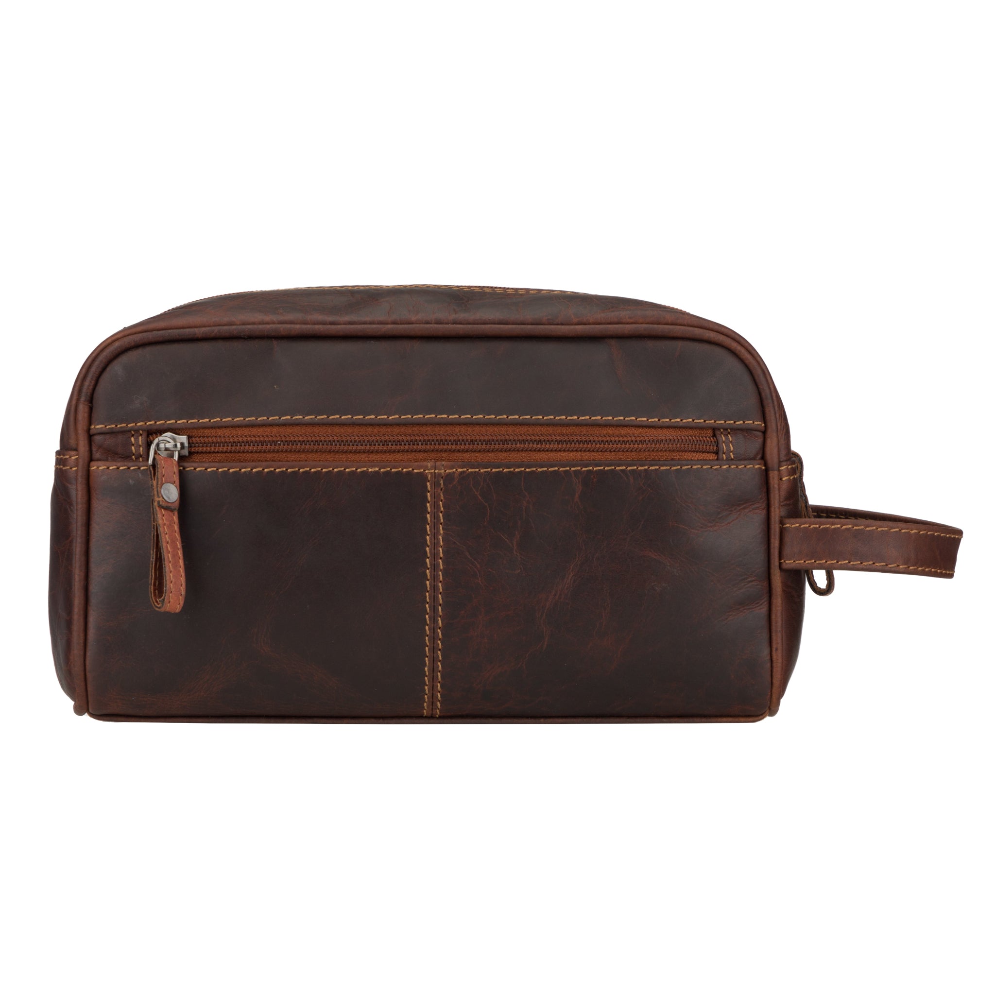 Back view of Brown Minori leather toiletry bag on a white background