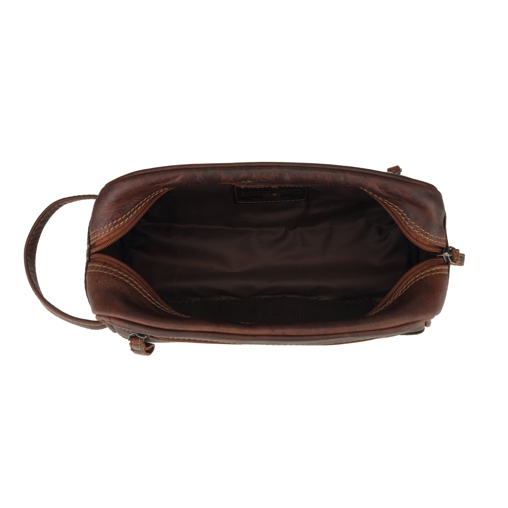 Brown Minori leather bag with open lid on a white background