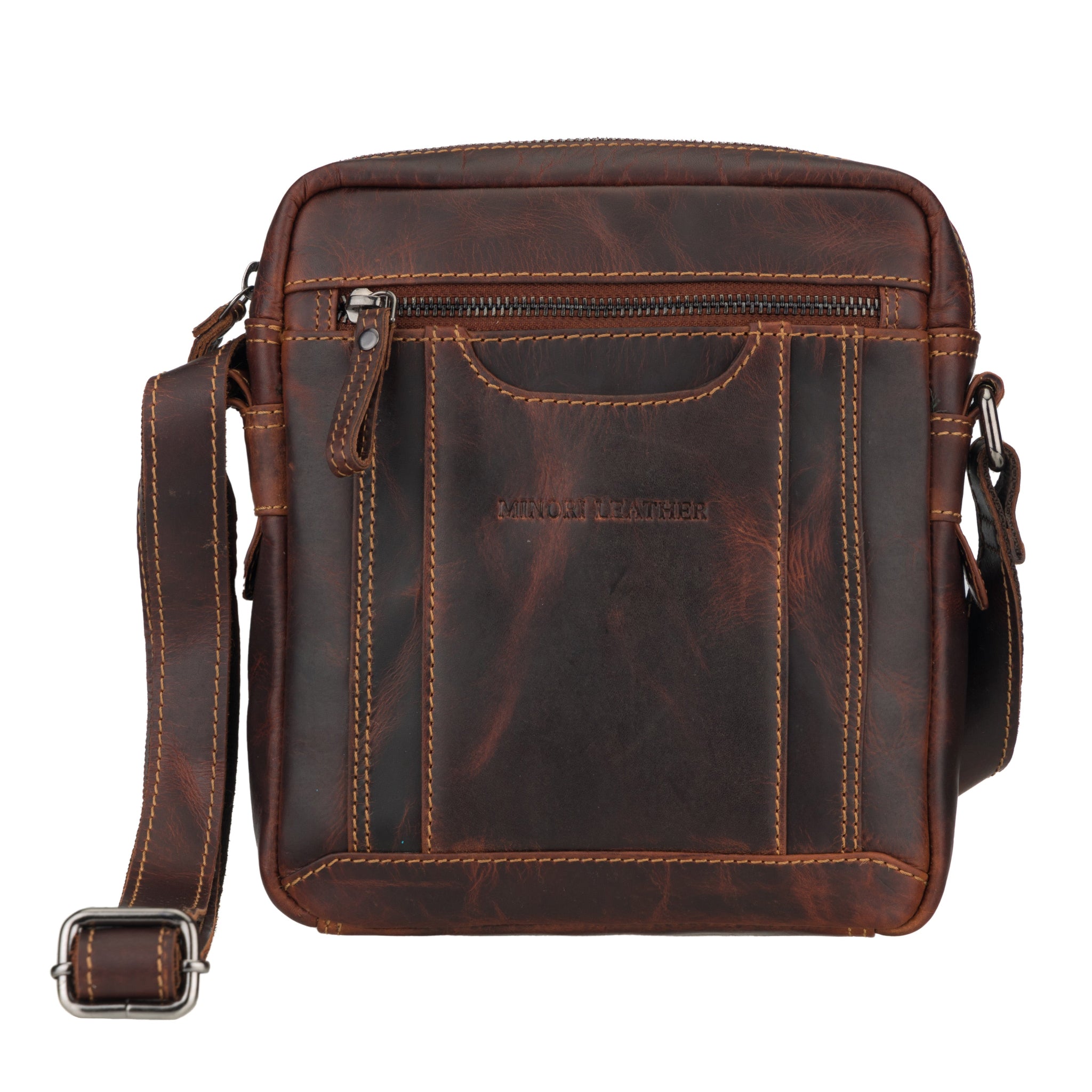 Brown Minori leather crossbody bag on a white background