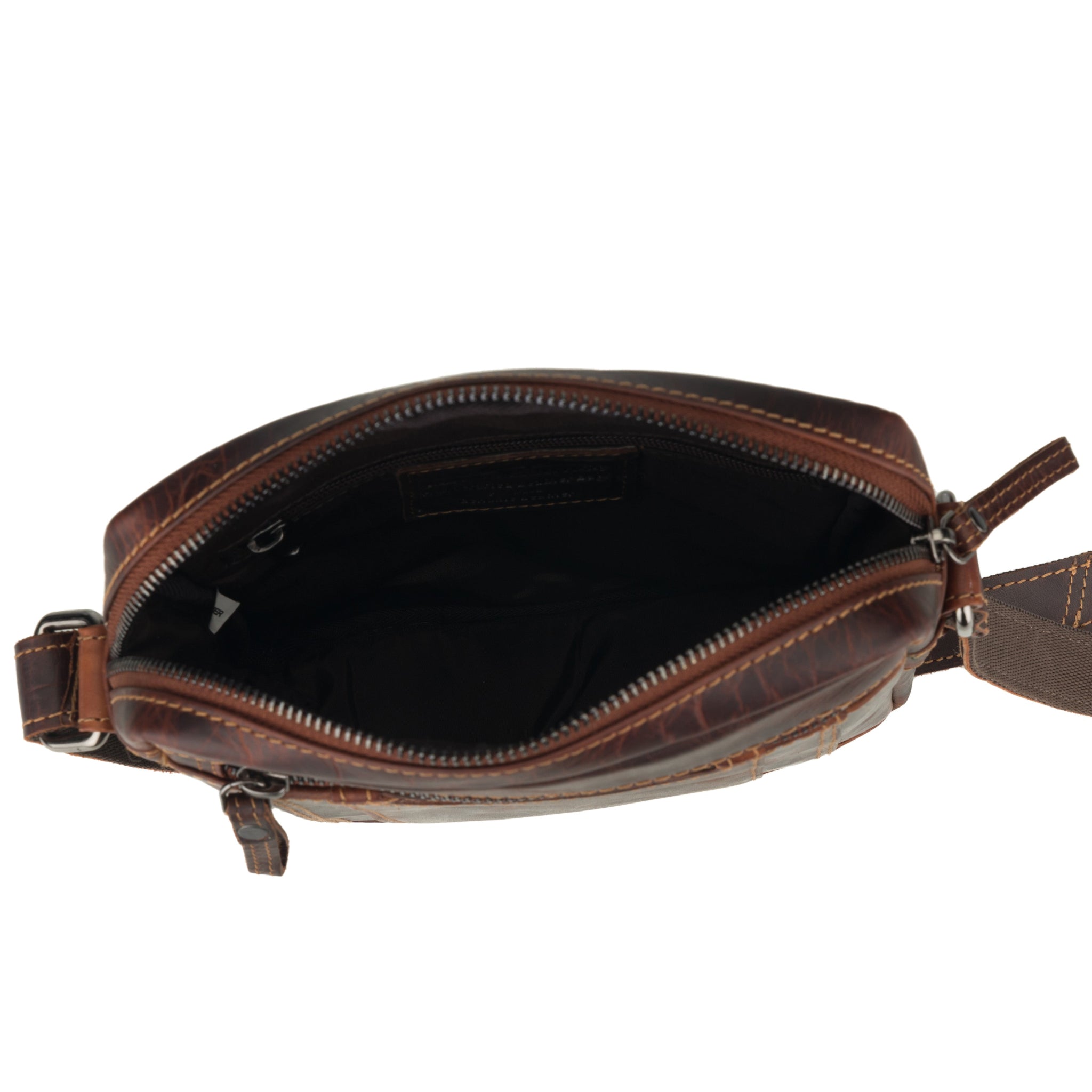 Open view of Brown Minori leather pouch with zipper on a white background