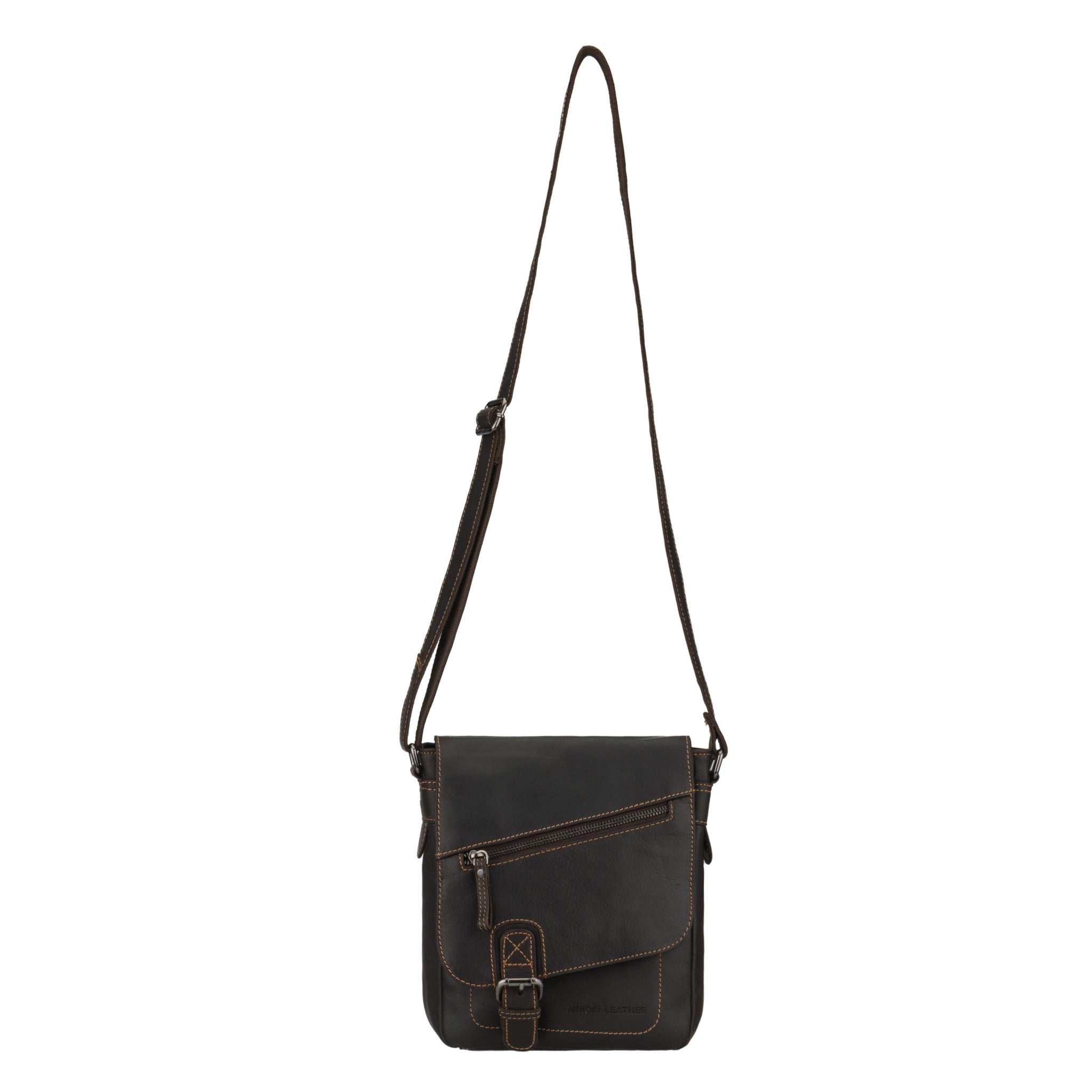 Front view of a brown Minori leather crossbody bag with a flap cover and buckle detail.