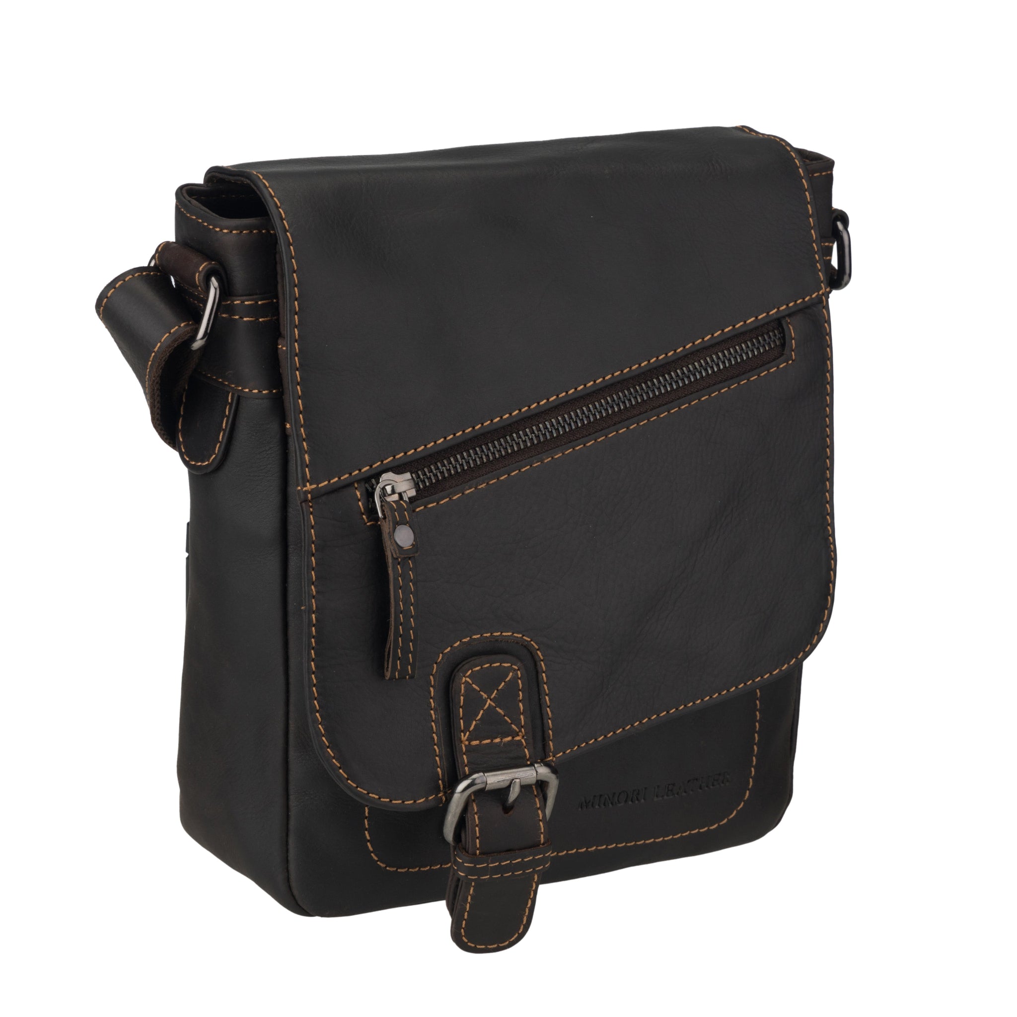 Angled view of a brown Minori leather crossbody bag displaying its side profile and zipper.