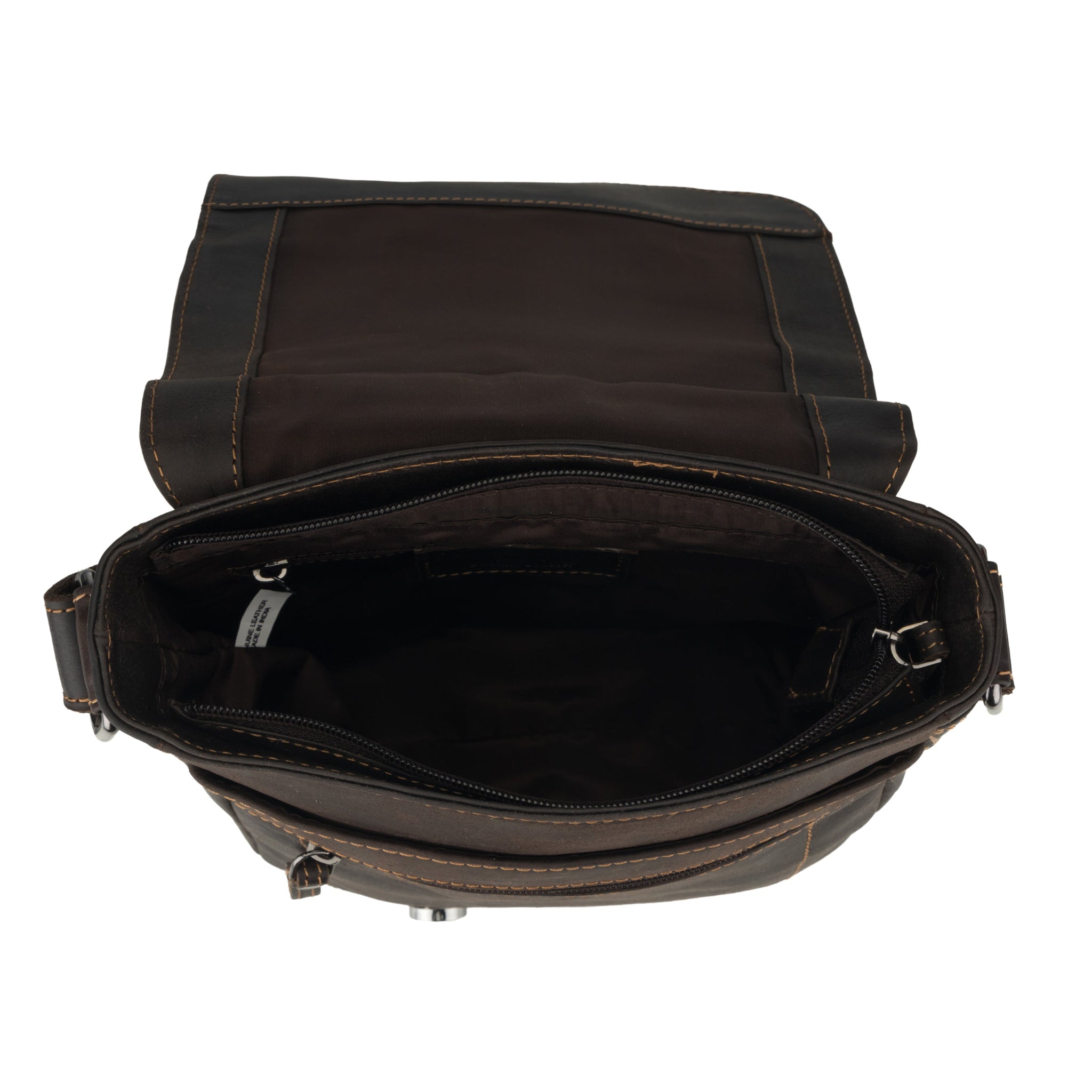 Top view of the brown Minori leather crossbody bag with the flap open showing interior compartments.