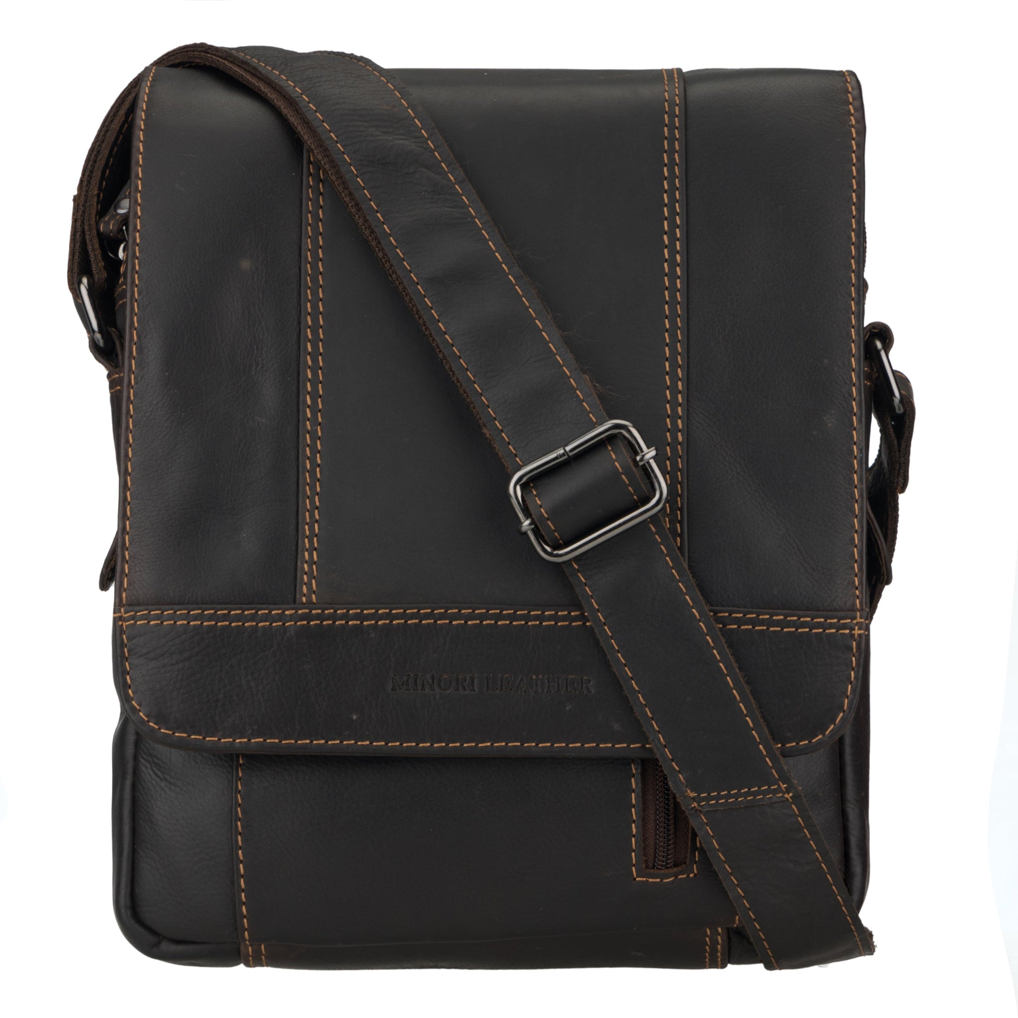 Brown Minori leather shoulder bag with visible stitching on a white background