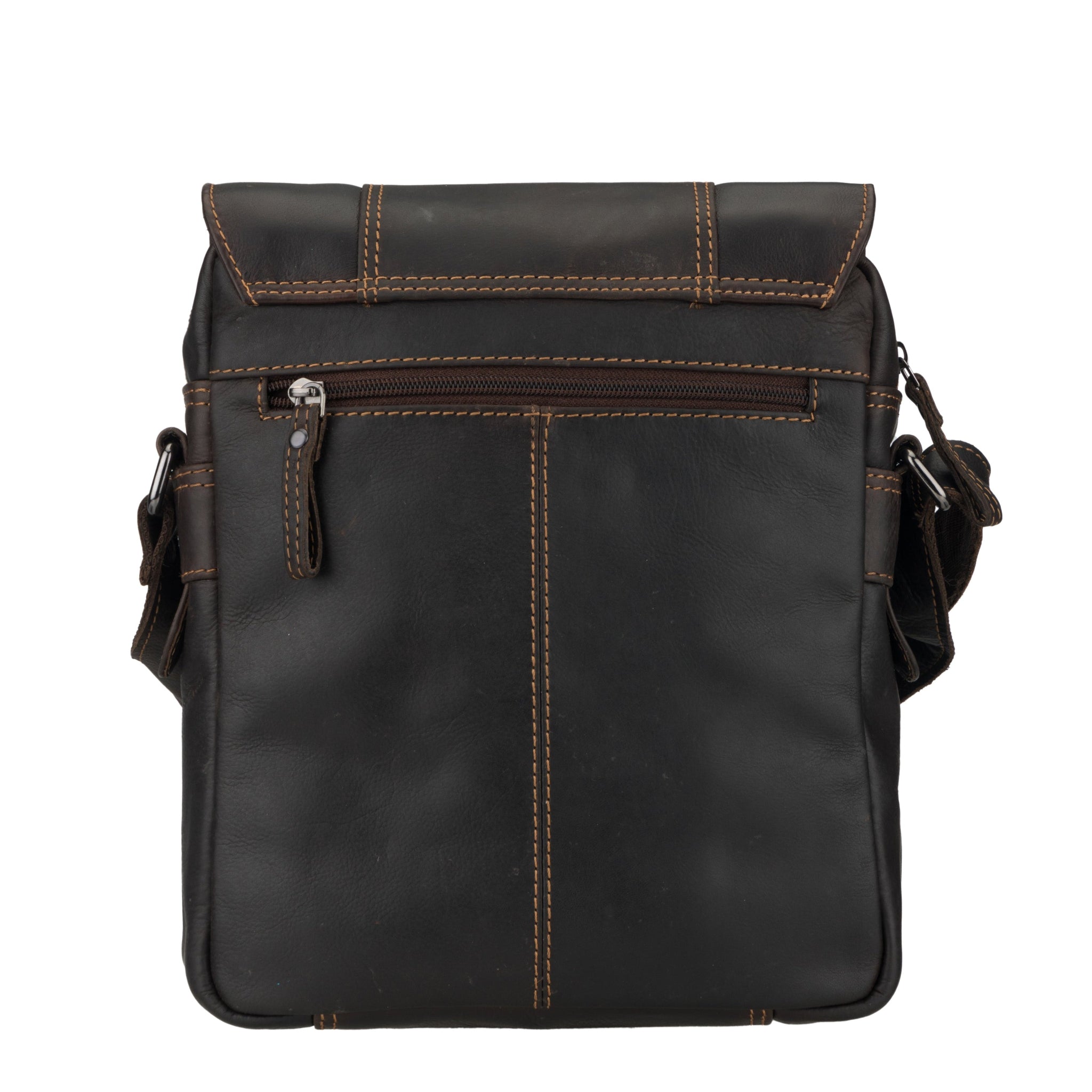 Back view of Brown Minori leather bag with brown stitching on a white background