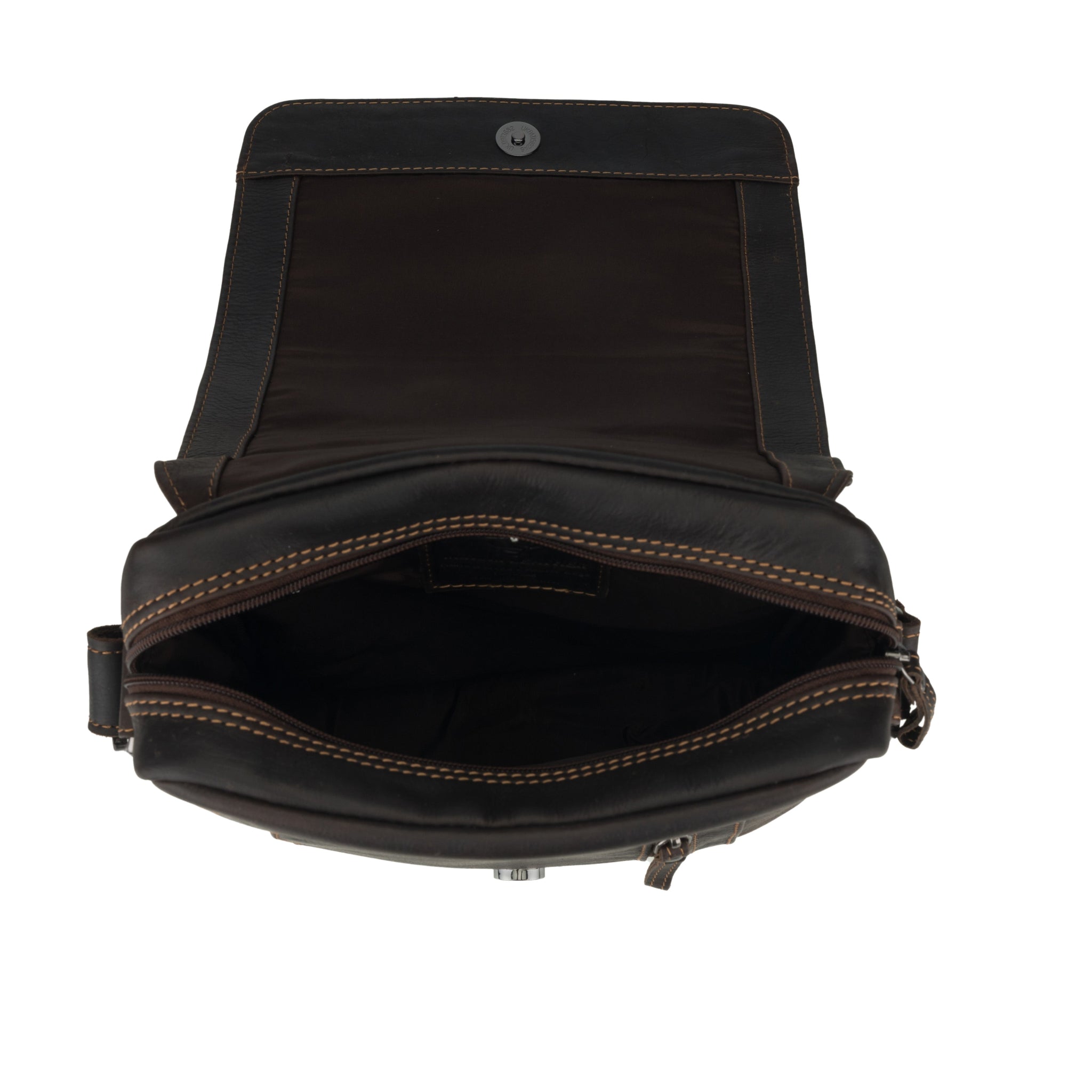 Open view of Brown Minori leather bag with visible stitching on a white background