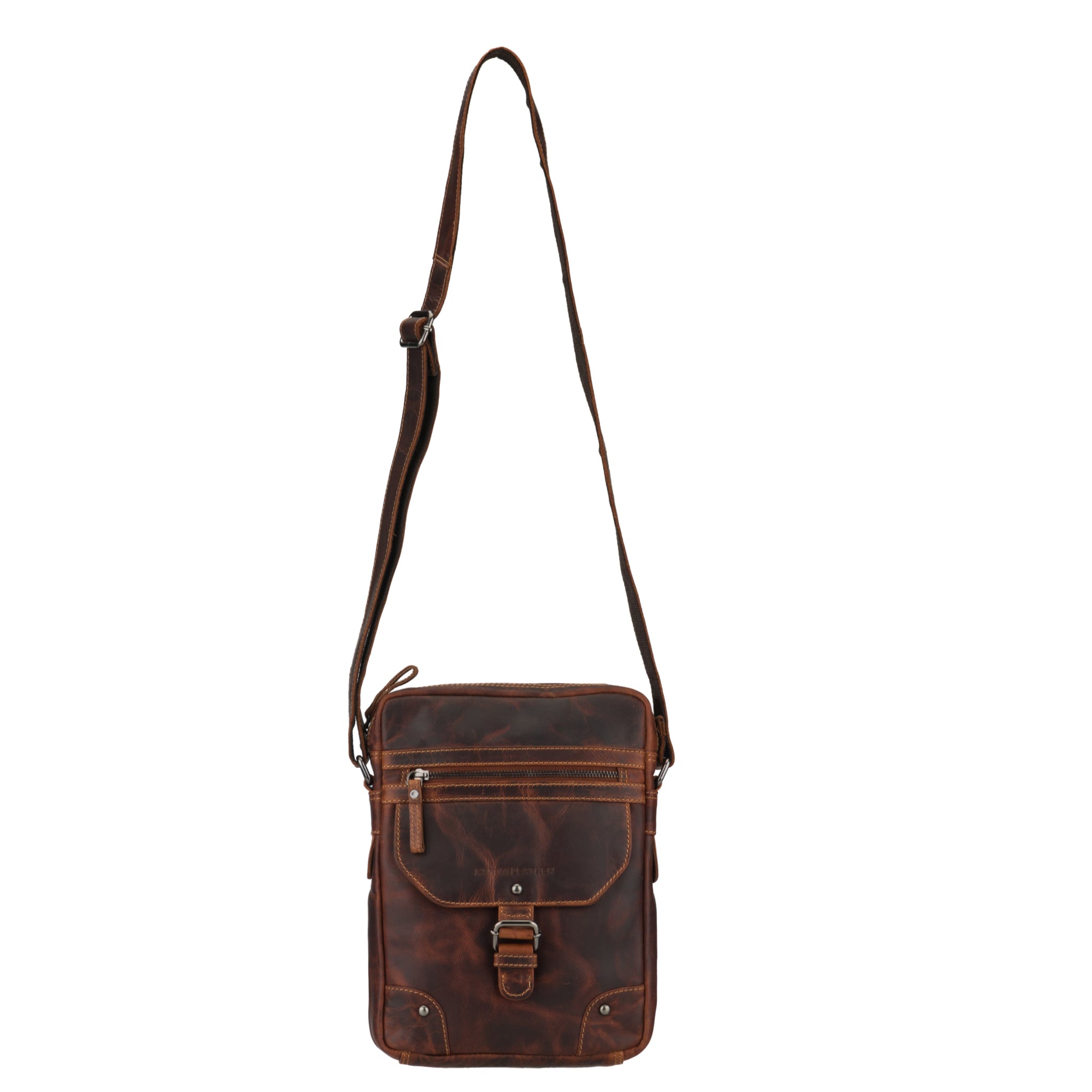 Full view of a vintage-style brown Minori leather crossbody bag with adjustable strap and front buckle detail.