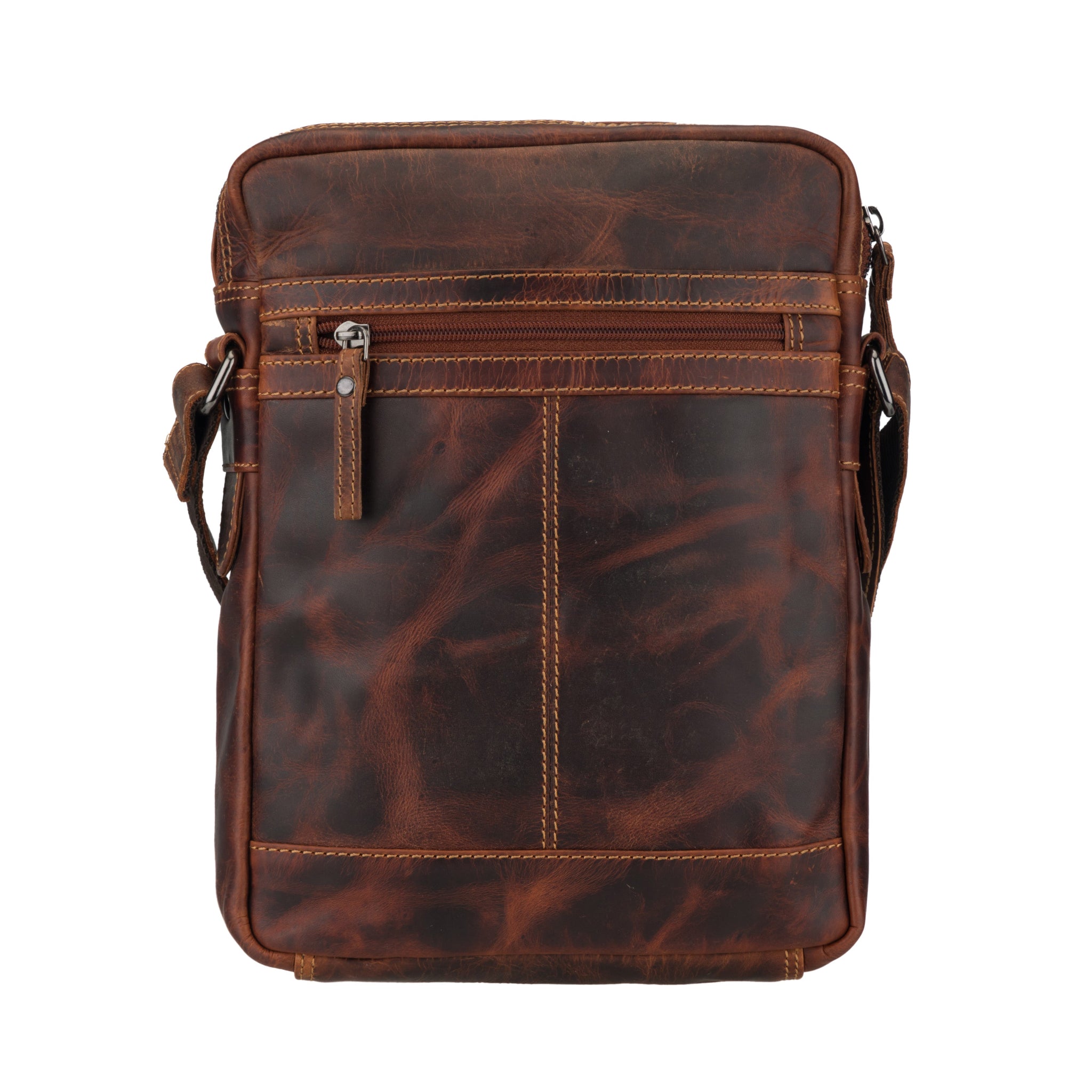 Rear view of a Minori leather crossbody bag featuring a clean finish and a horizontal zippered pocket.