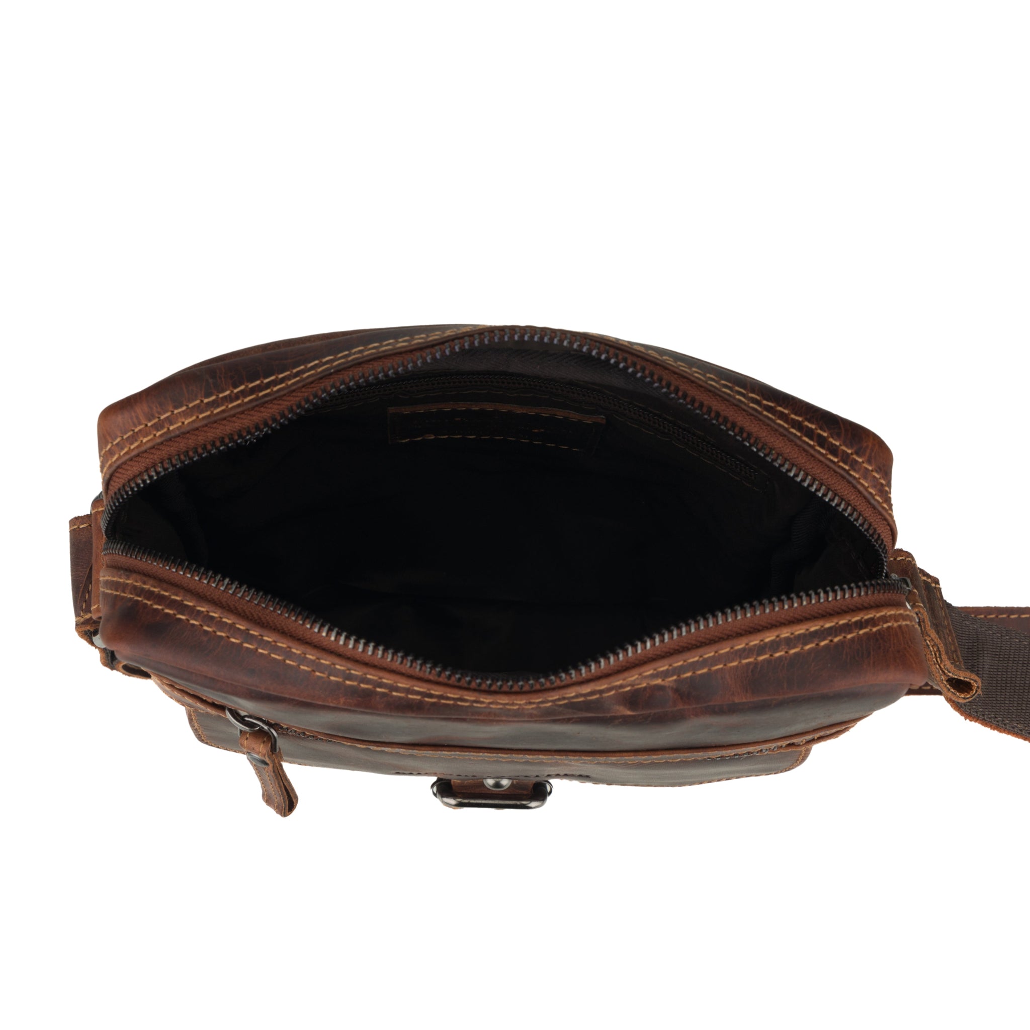 Top view of the open Minori leather bag showing its unlined black fabric interior and internal zippered pocket.
