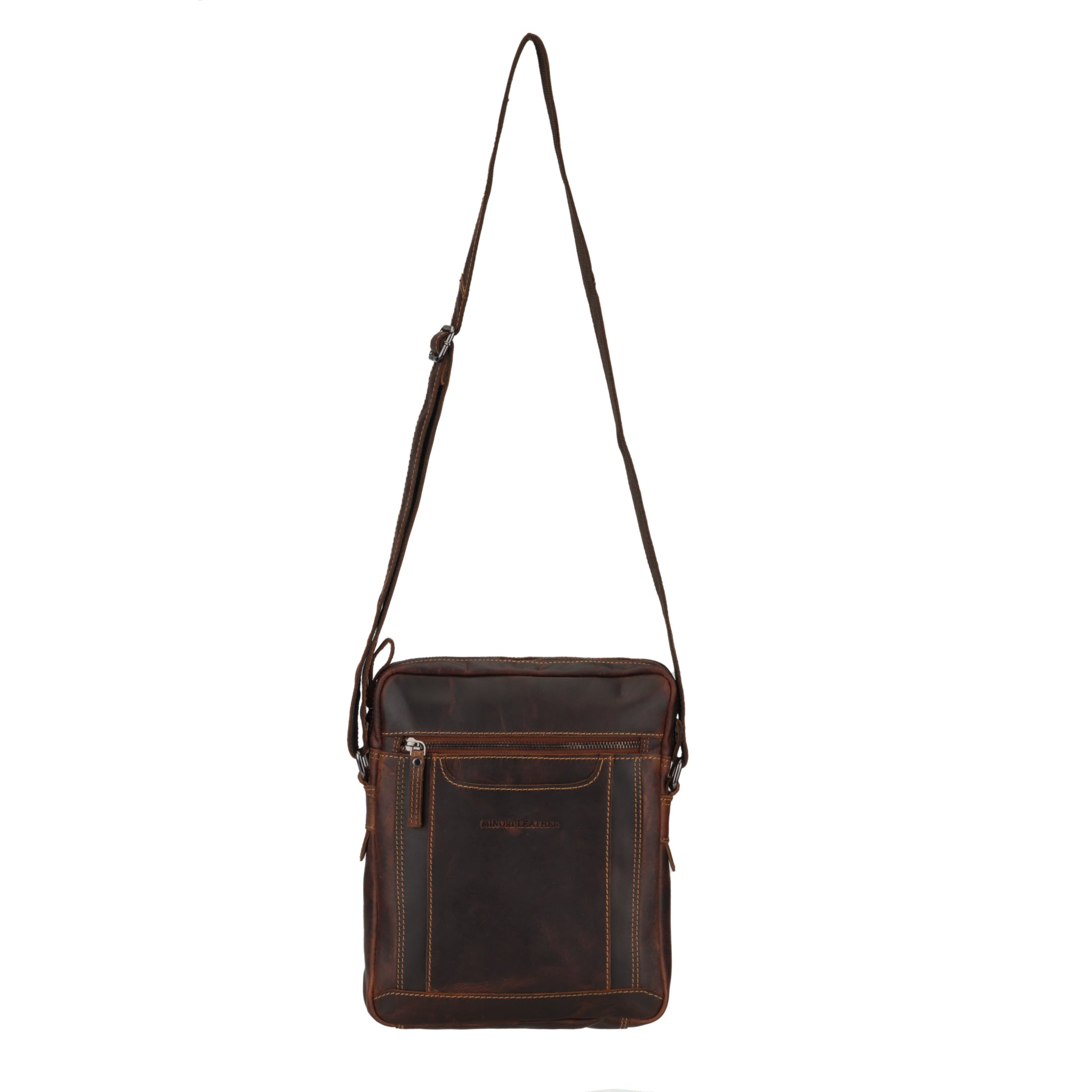 Brown Minori leather crossbody bag on a white background
