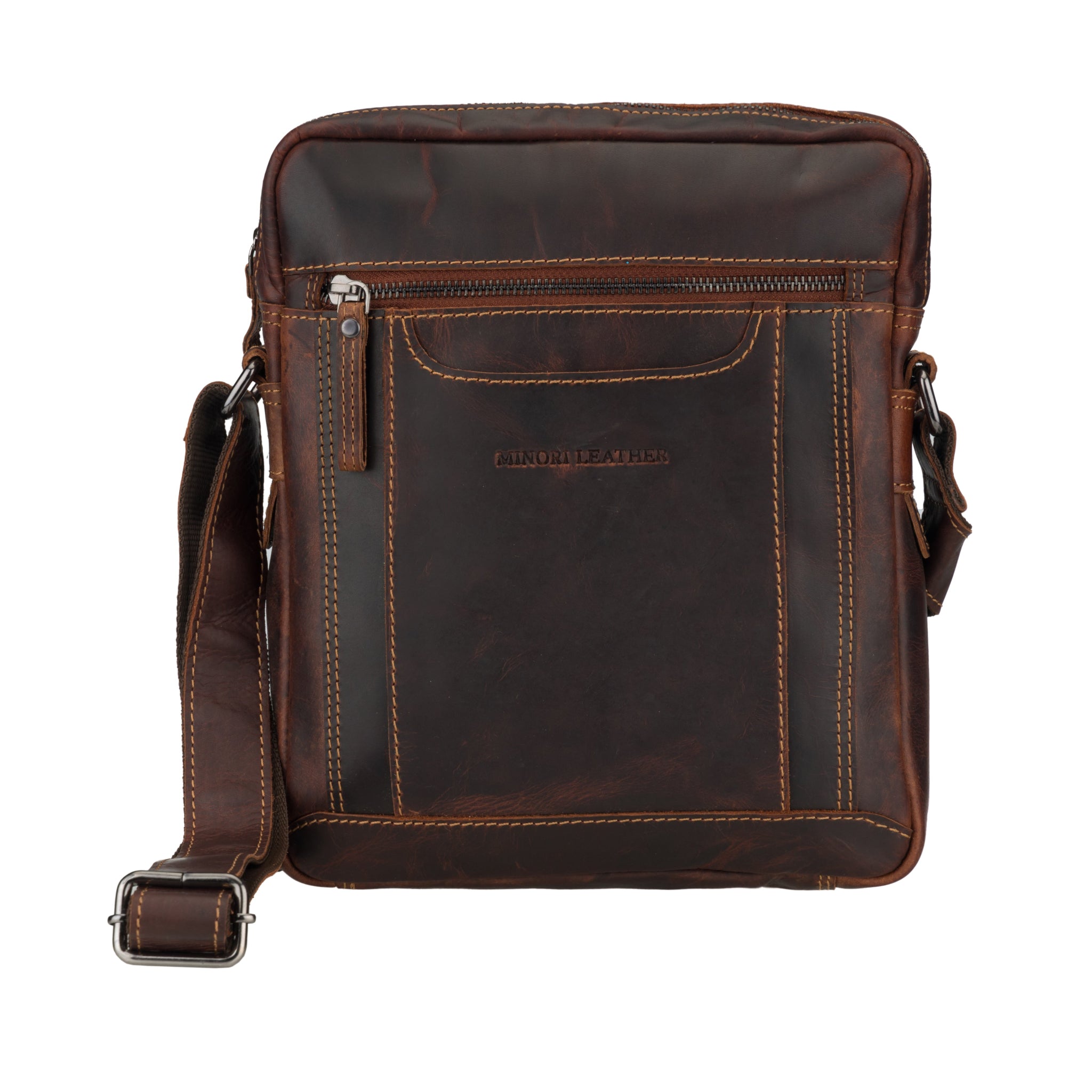 Brown Minori leather crossbody bag on a white background