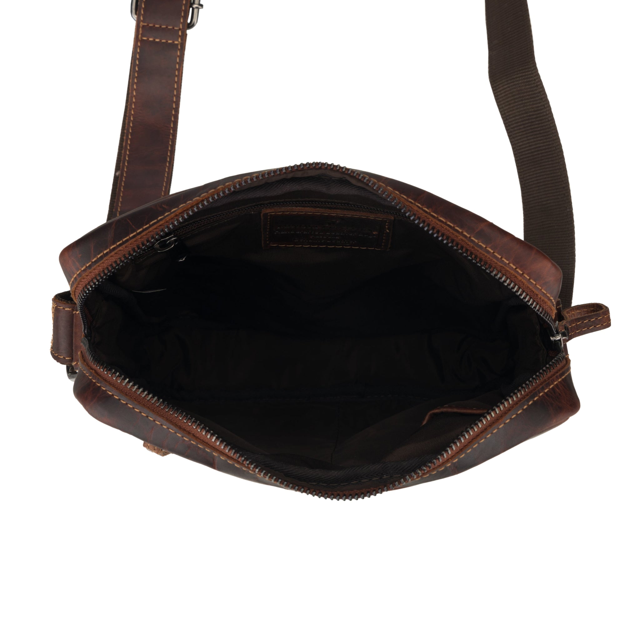 Open view of Brown Minori leather crossbody bag on a white background