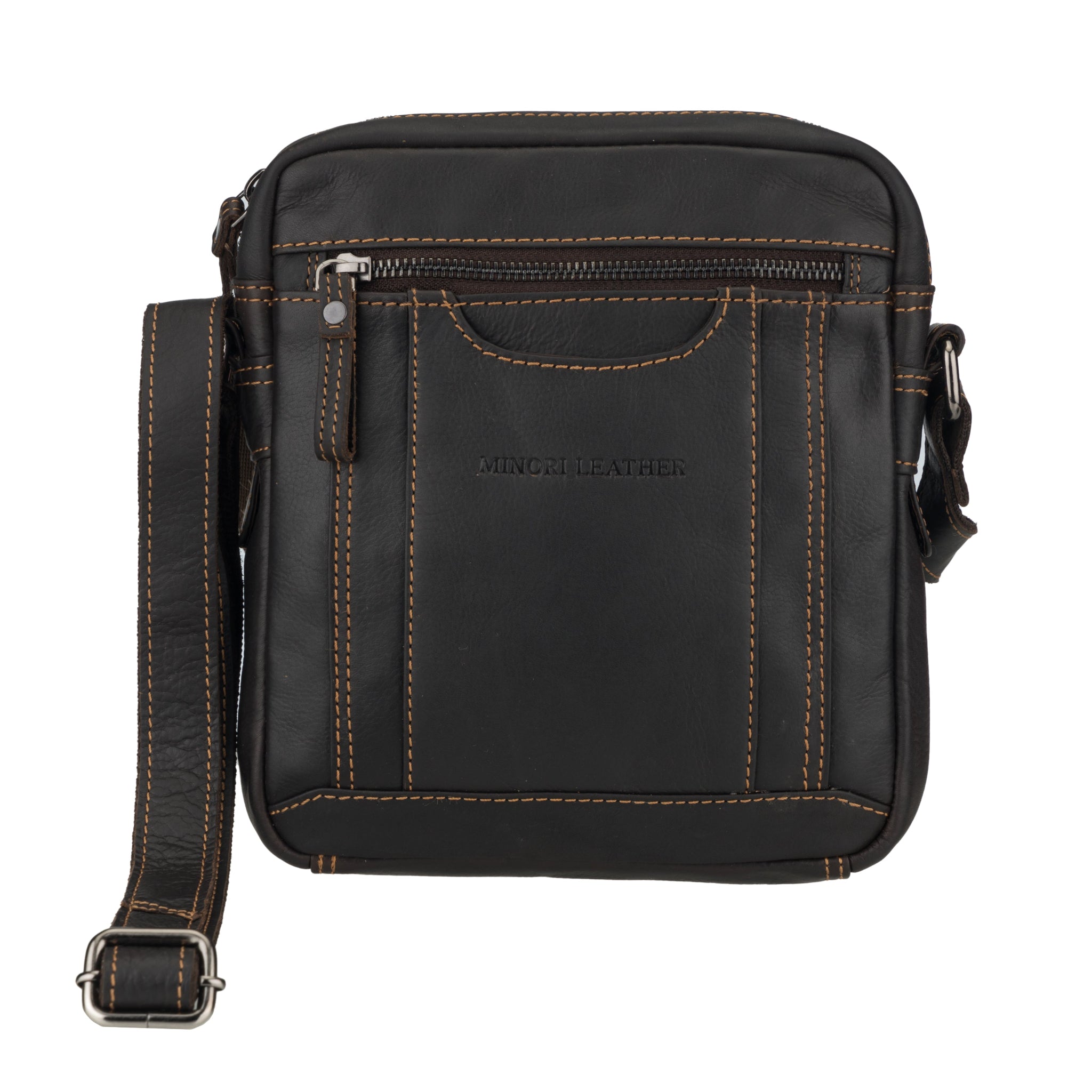 Brown Minori leather crossbody bag with visible stitching on a white background