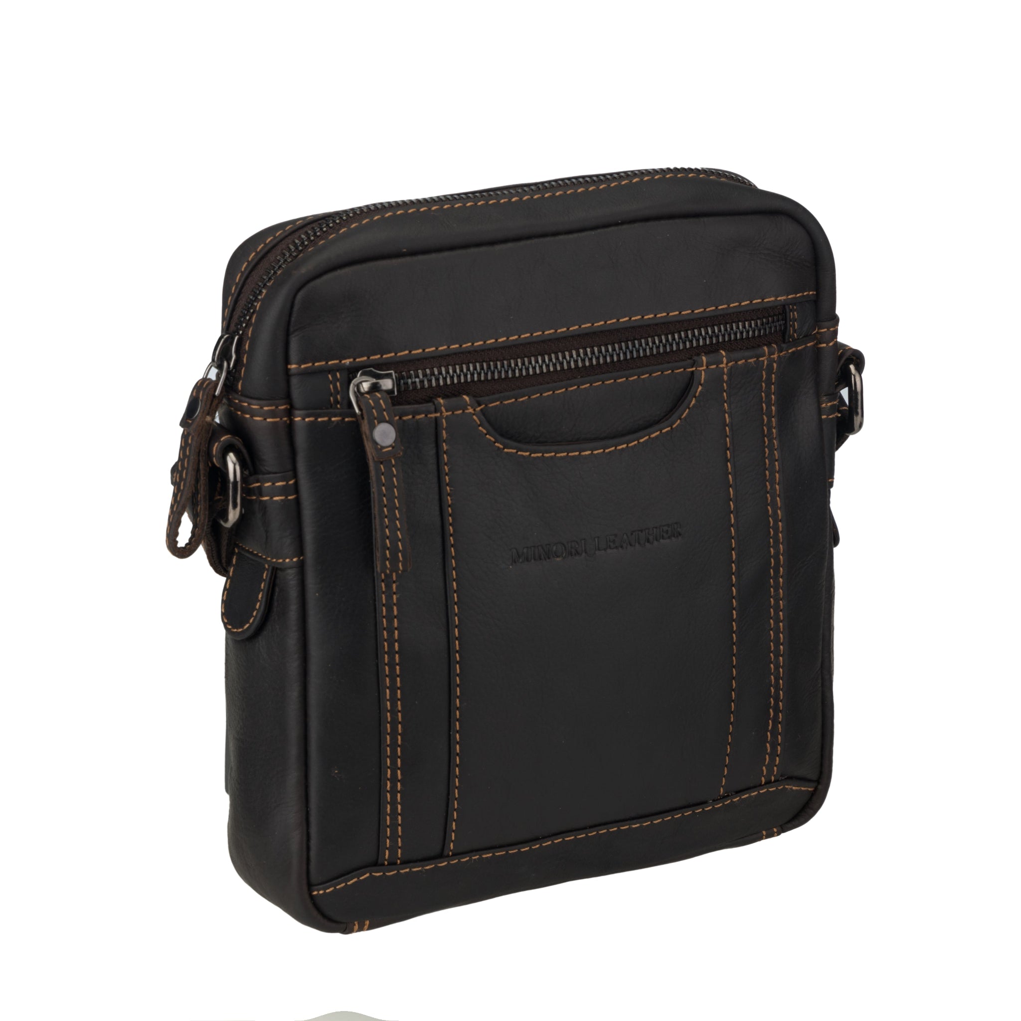 Angled view of Brown Minori leather crossbody bag on a white background