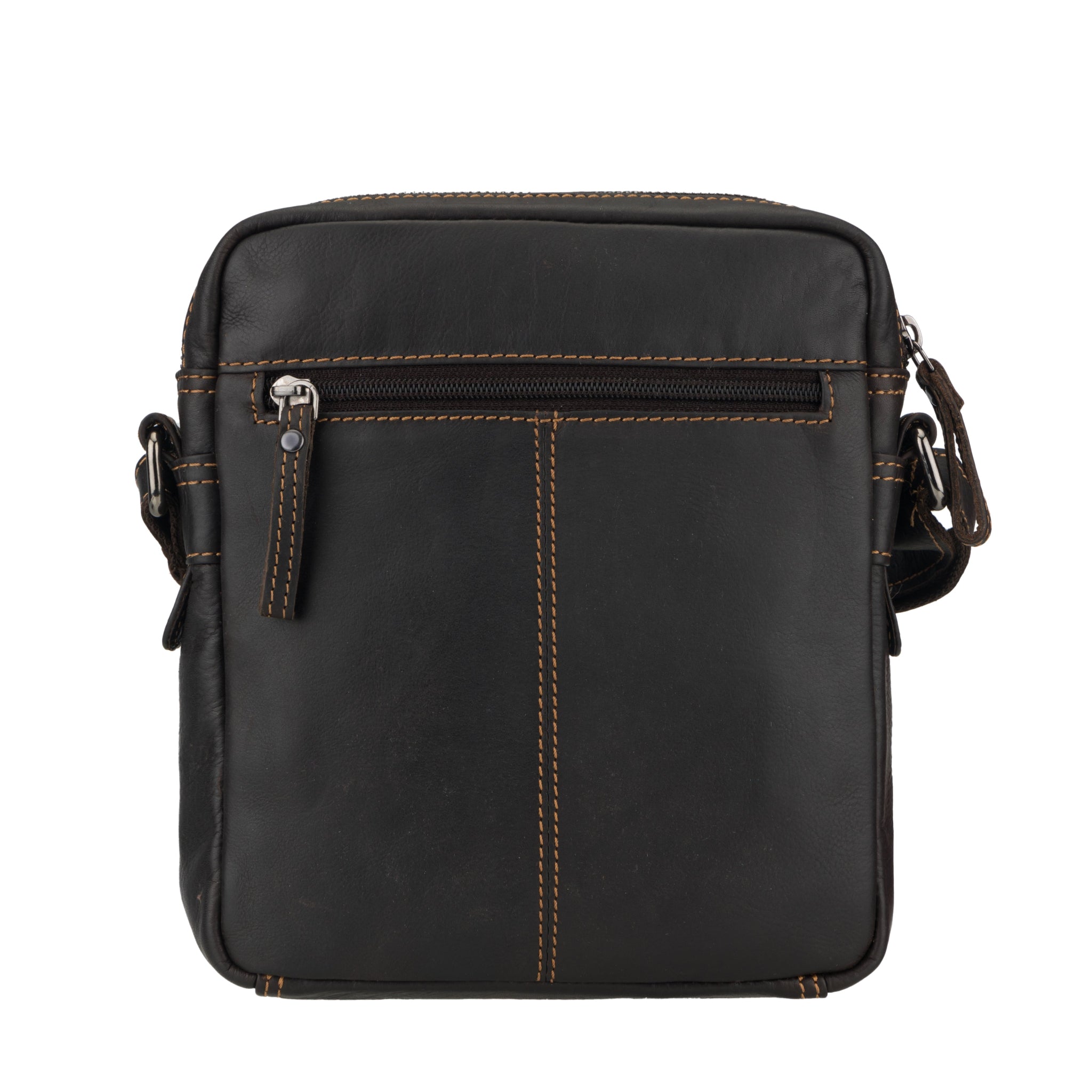 Back view of Brown Minori leather crossbody bag on a white background