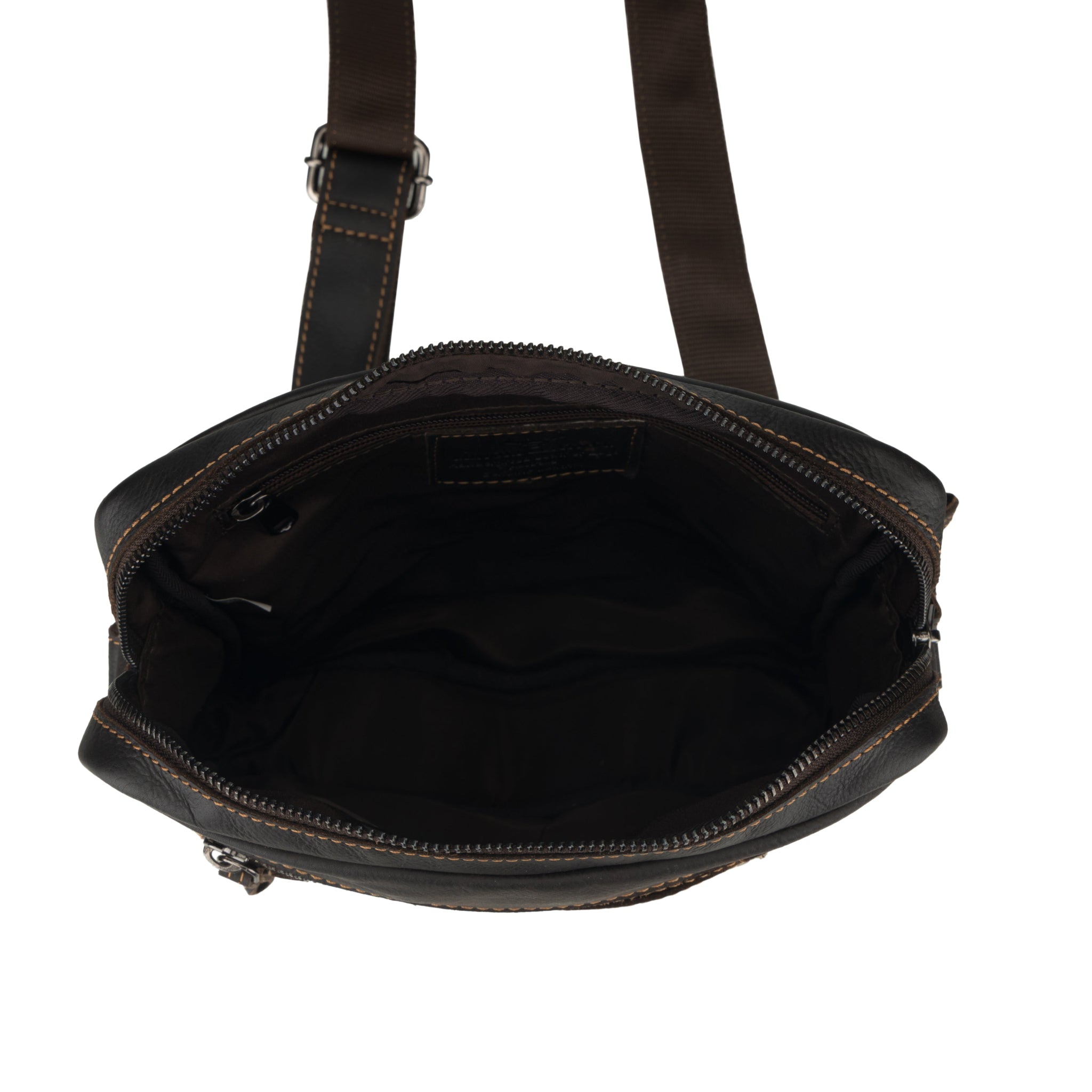 Open view of Brown Minori leather crossbody bag on a white background