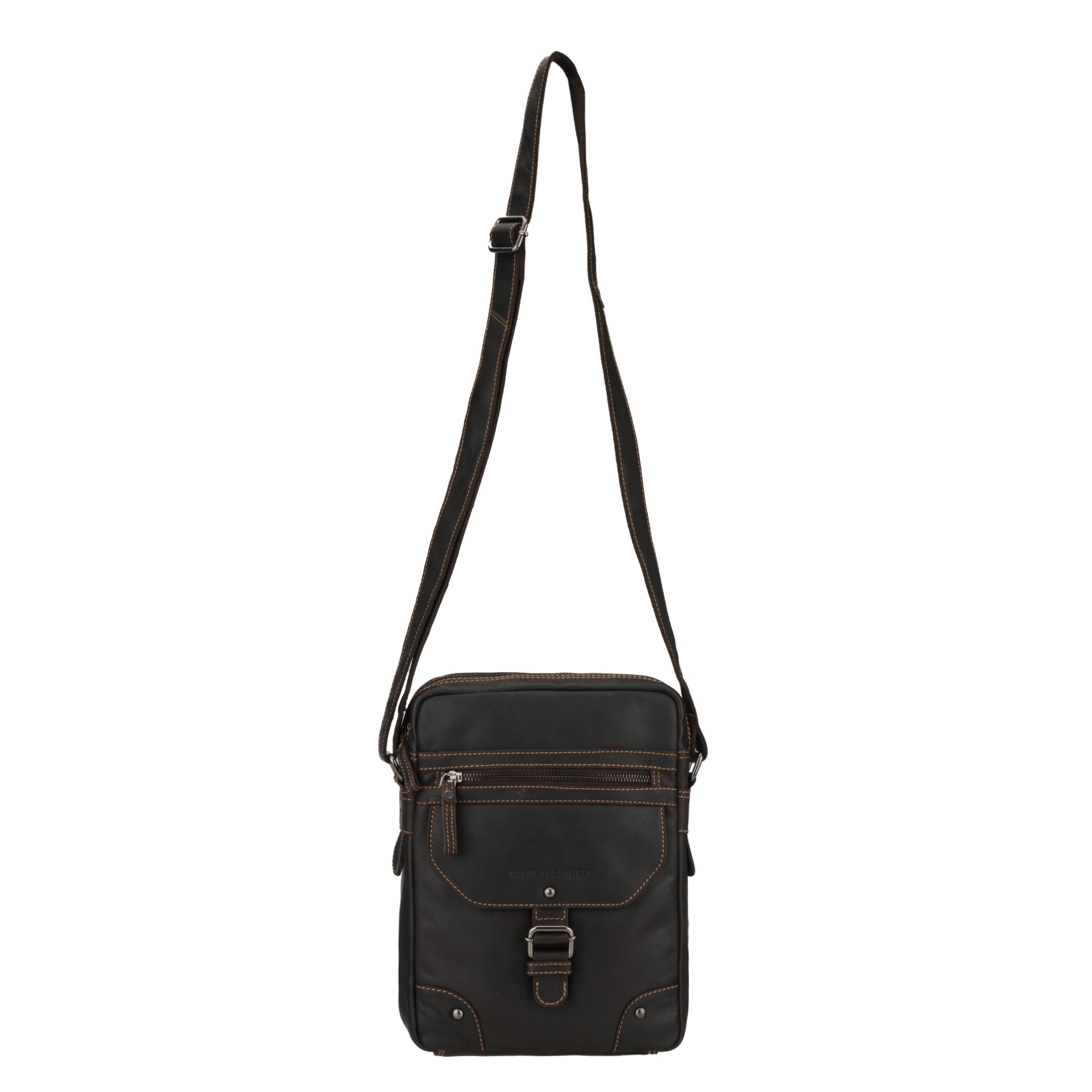 Brown Minori leather crossbody bag with adjustable strap and front zipper pocket, displayed hanging vertically.