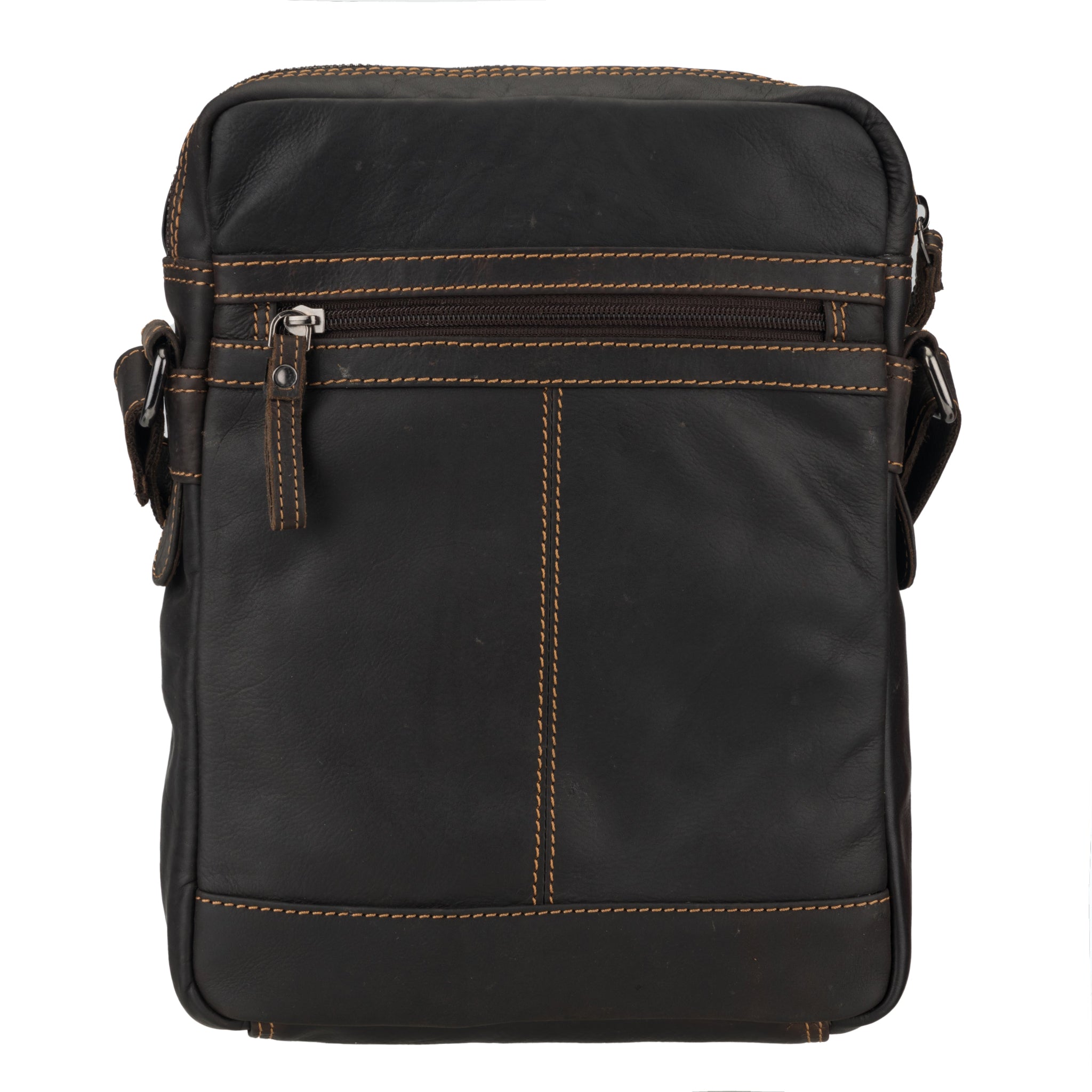 Back view of a brown Minori leather crossbody bag showing a horizontal zipper pocket and contrast stitching.