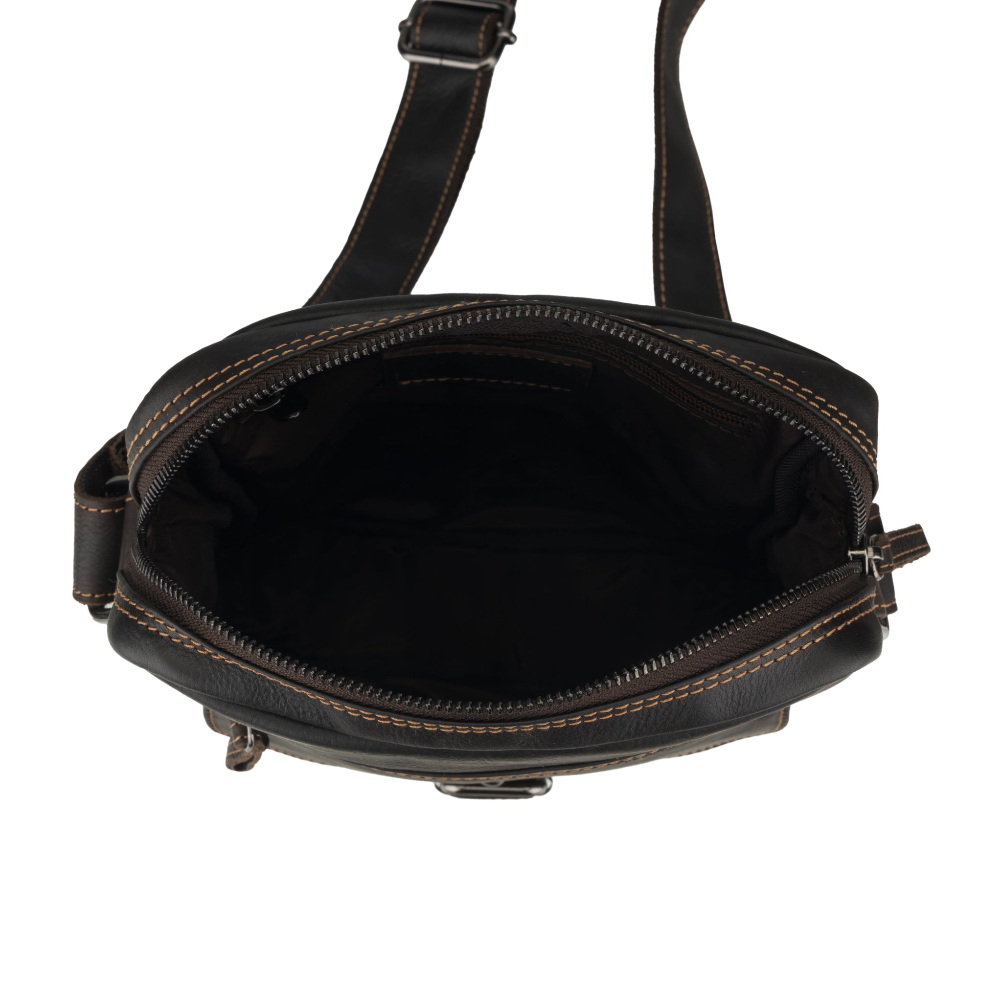 Top view of a brown Minori leather crossbody bag with the main zipper compartment open, revealing the spacious interior.