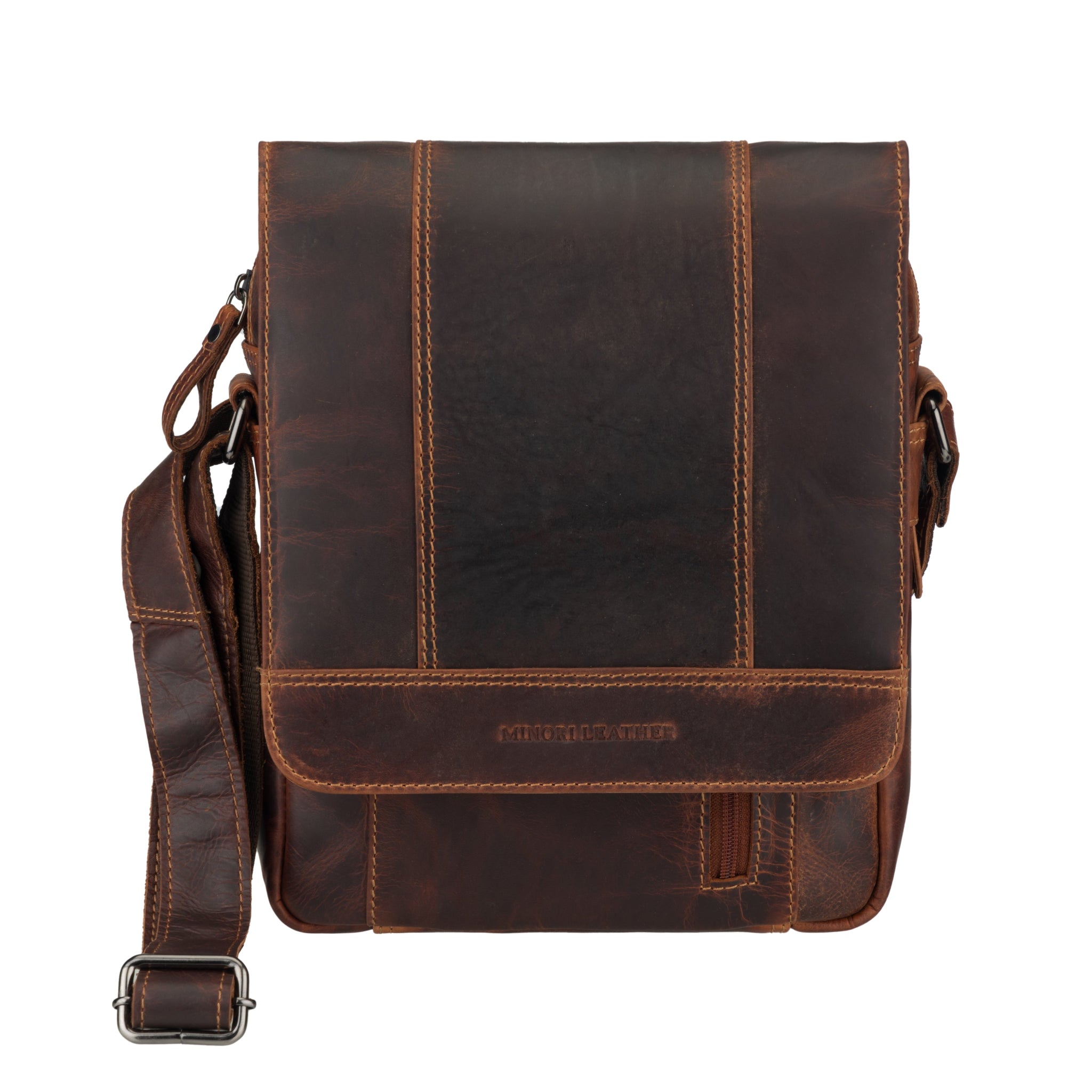 Brown Minori leather crossbody bag on a white background