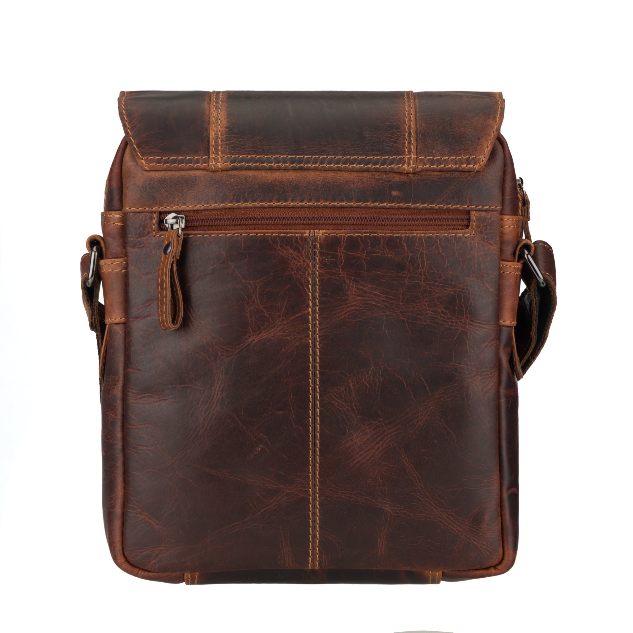 Back view of Brown Minori leather bag on a white background
