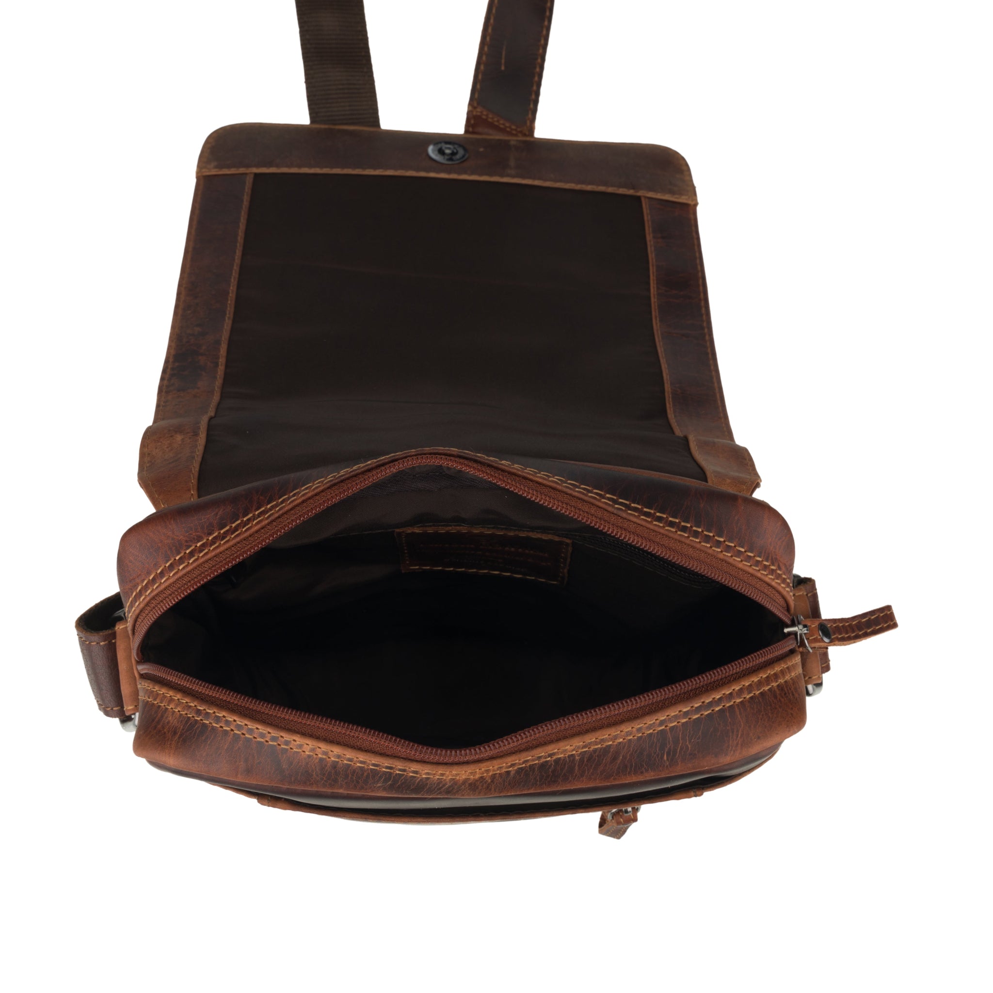 Open view of Brown Minori leather backpack on a white background