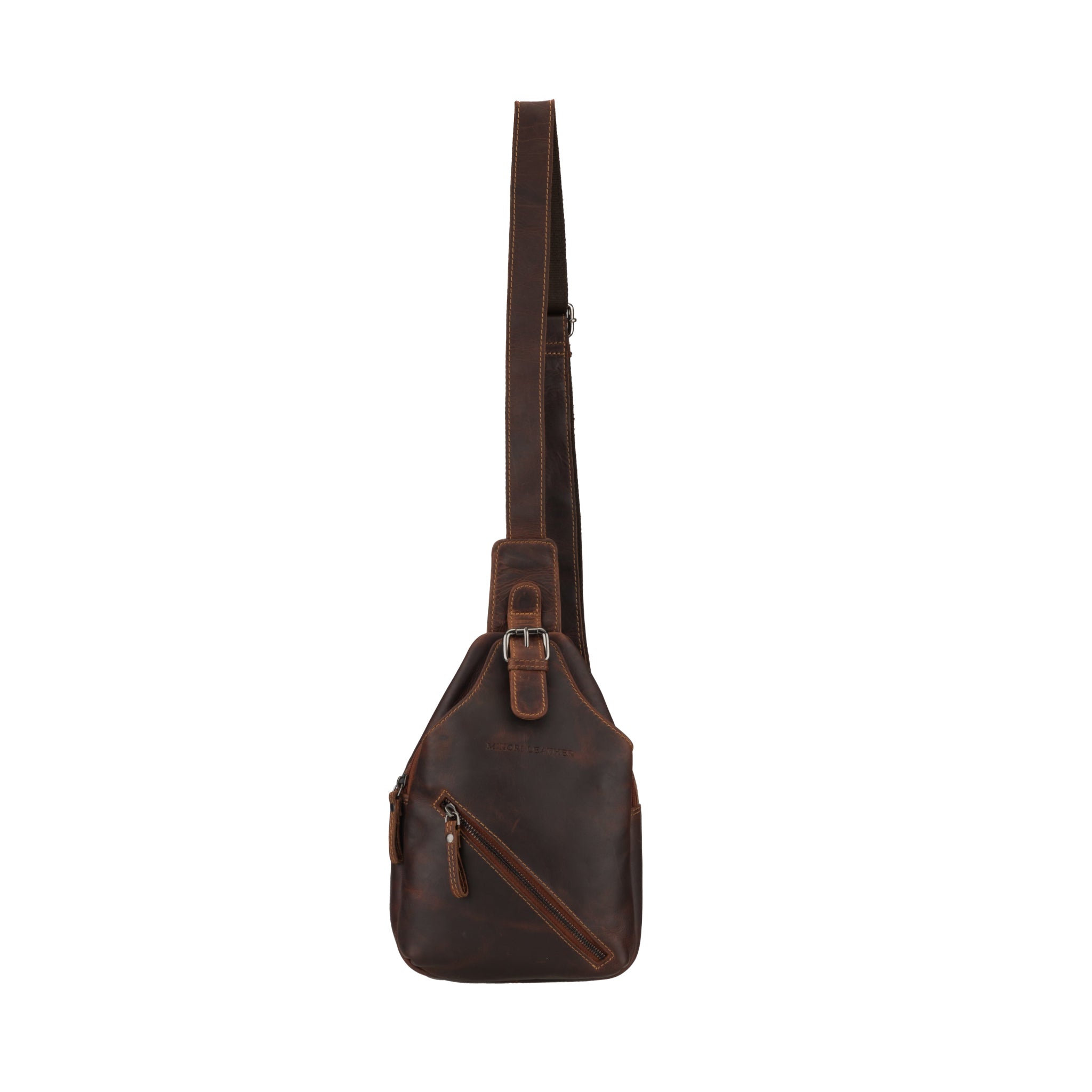 Front view of a chestnut brown Minori leather sling bag with a long adjustable strap.