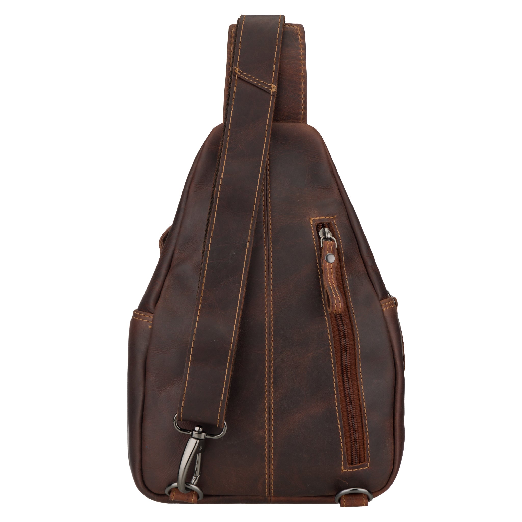 Back view of a chestnut brown Minori leather sling bag with strap and vertical zip pocket.