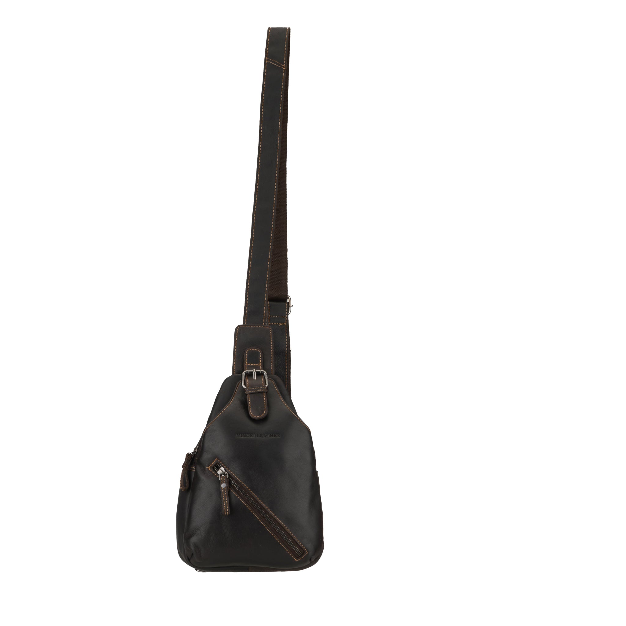 Front view of a brown Minori leather sling bag with a long adjustable strap and diagonal zip pocket.