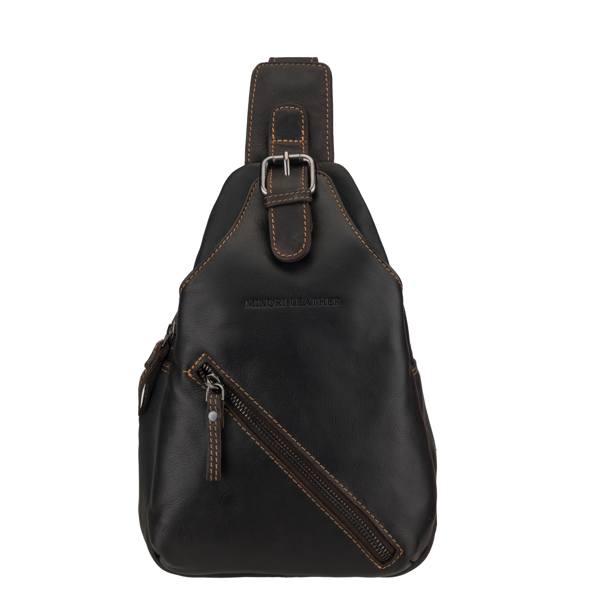 Close-up front view of a brown Minori leather sling bag showing the buckle detail and embossed branding.