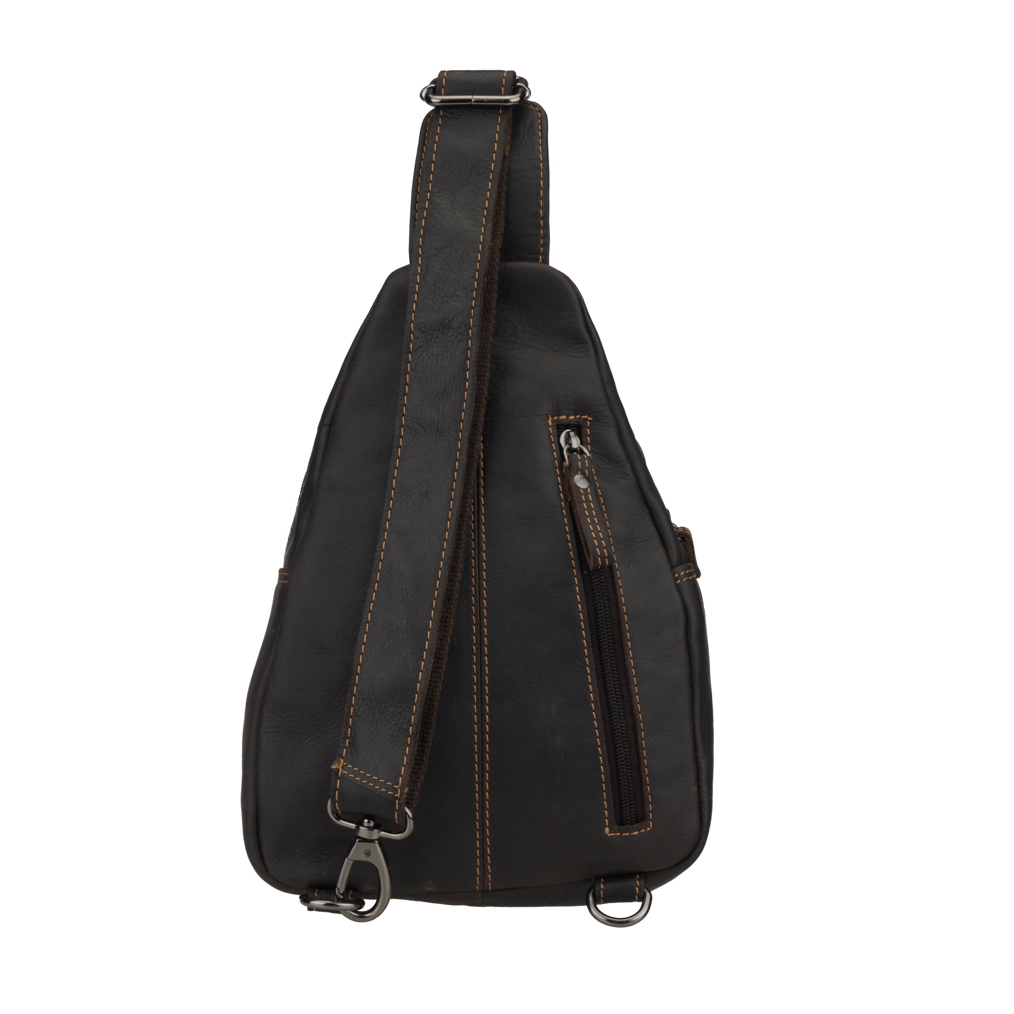 Rear view of a brown Minori leather sling bag featuring a vertical zip pocket and visible stitching.