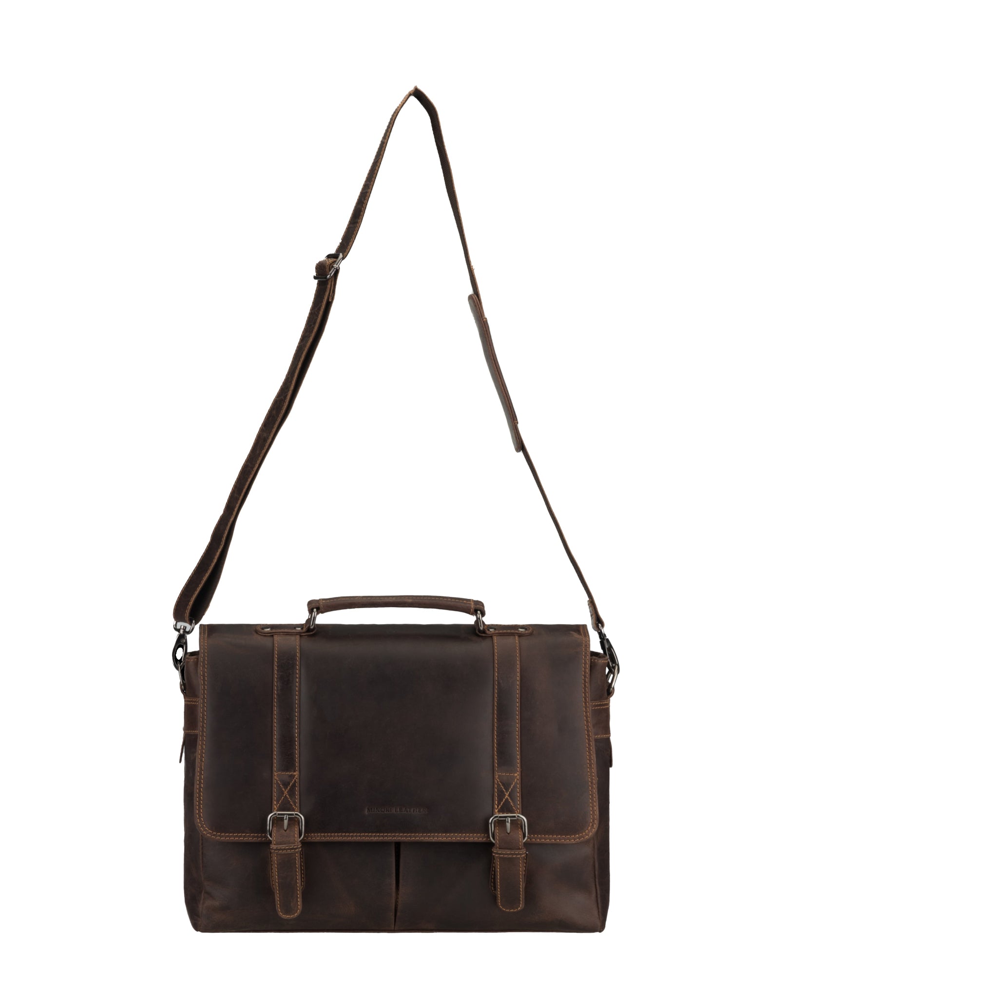 Brown Minori leather briefcase with a shoulder strap on a white background