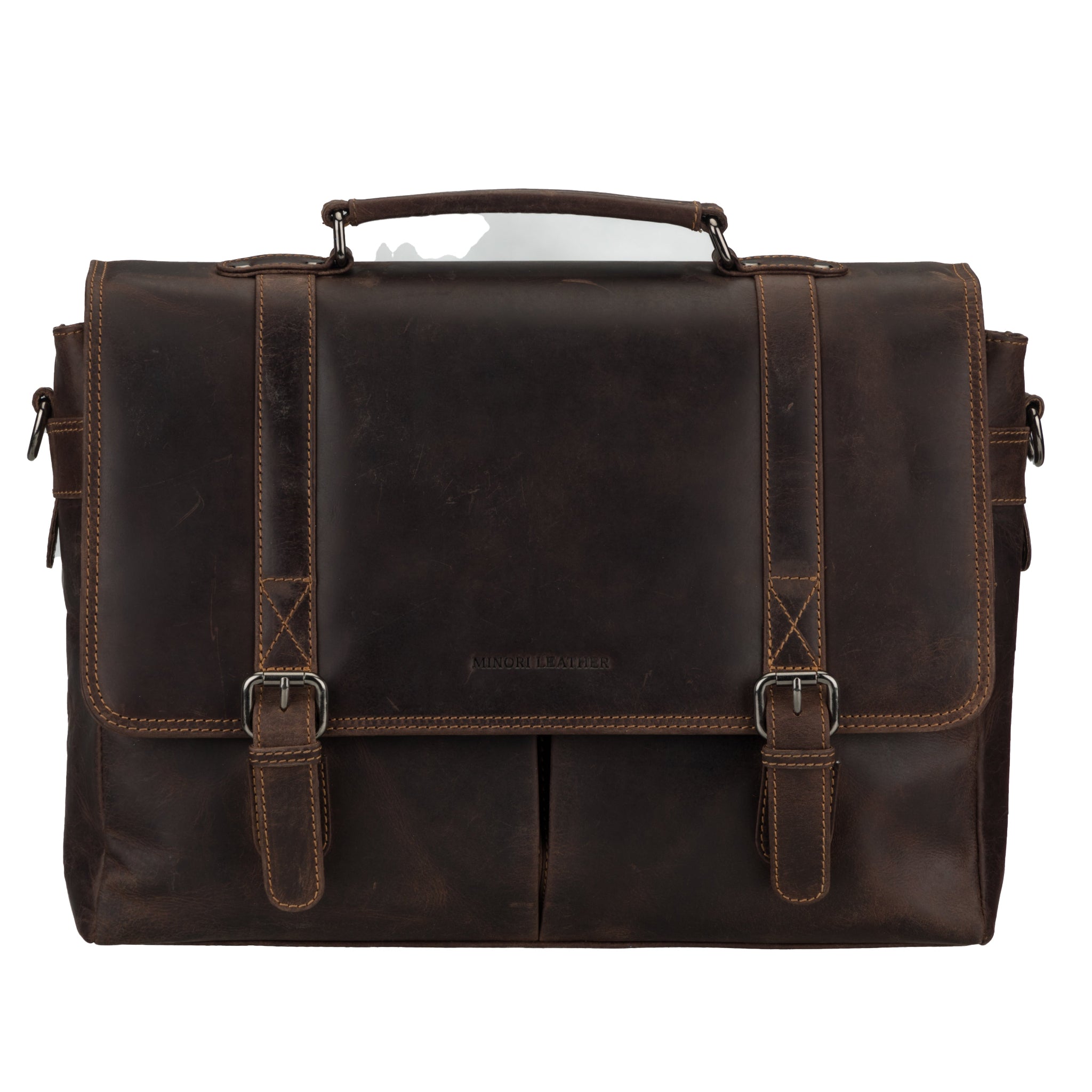 Brown Minori leather satchel bag on a white background