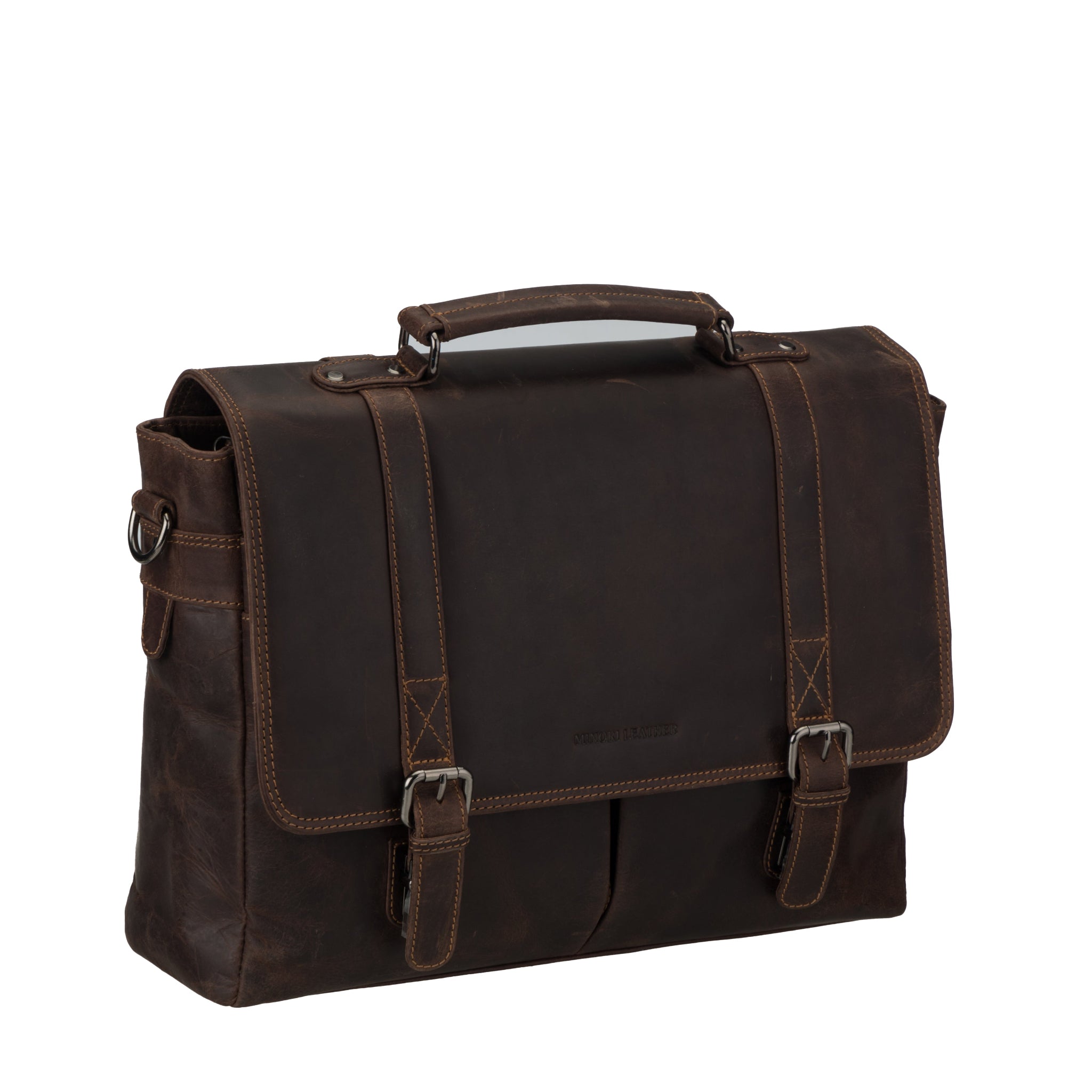 Angled view of Brown Minori leather briefcase on a white background