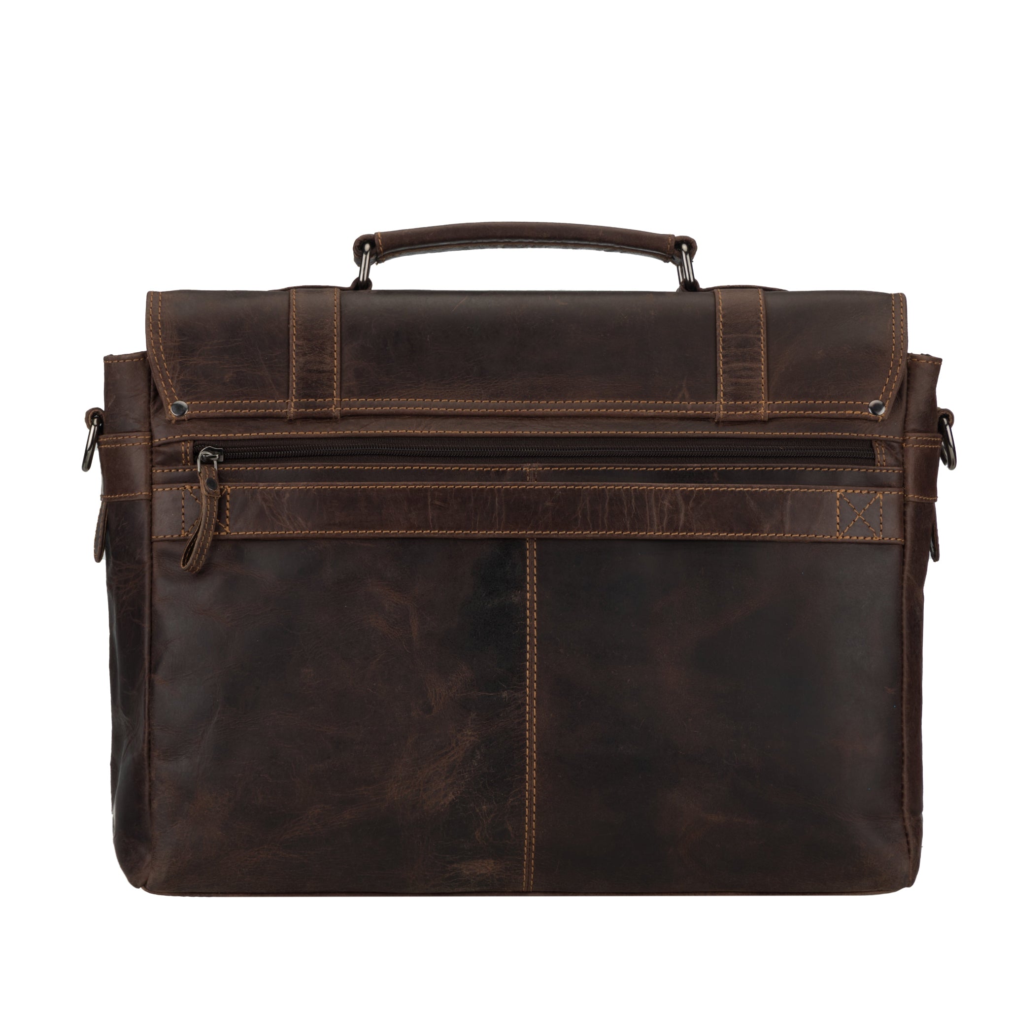 Rear view of Brown Minori leather briefcase on a white background
