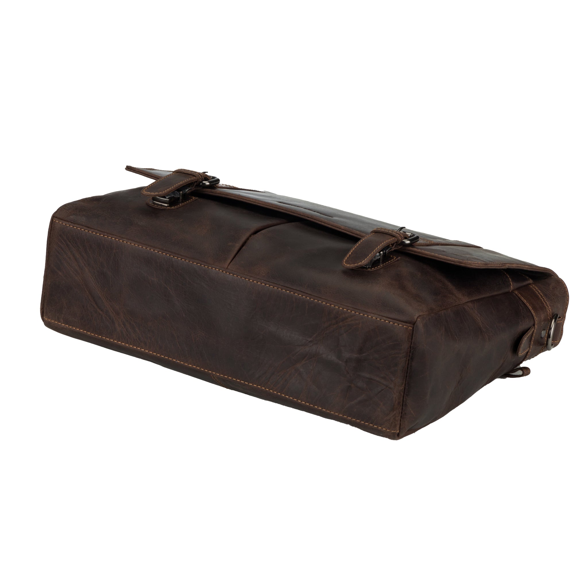 Flat lay view of Brown Minori leather bag on a white background