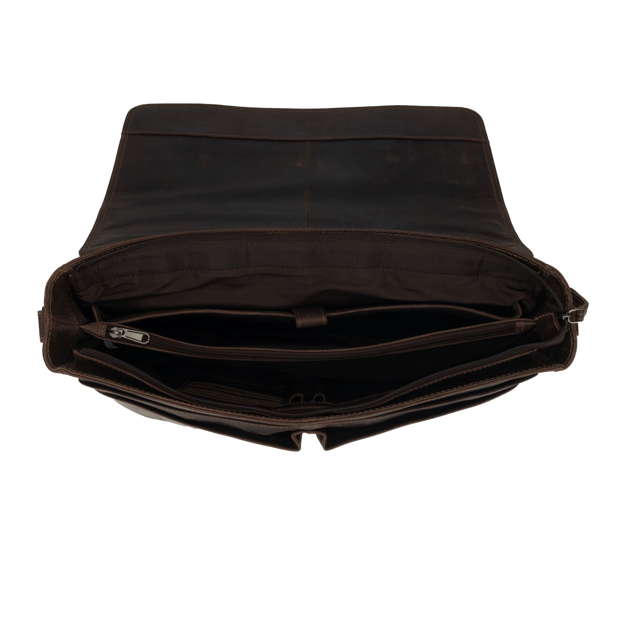 Open view of Brown Minori leather bag on a white background