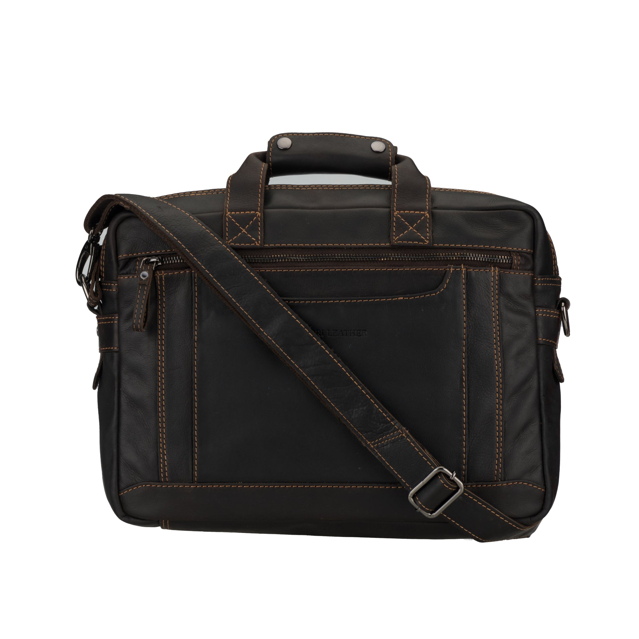 Brown Minori leather briefcase with shoulder strap on a white background