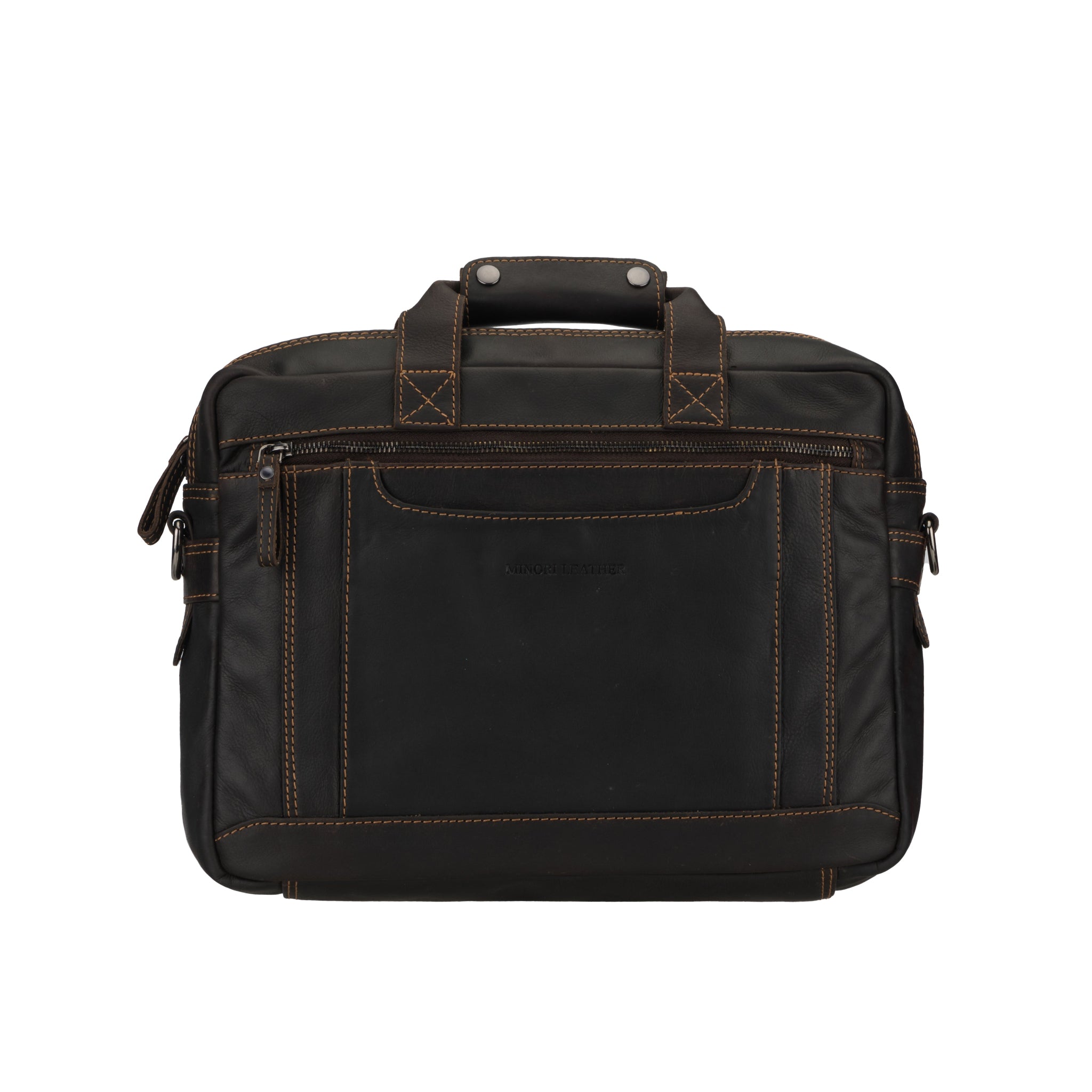 Brown Minori leather briefcase on a white background