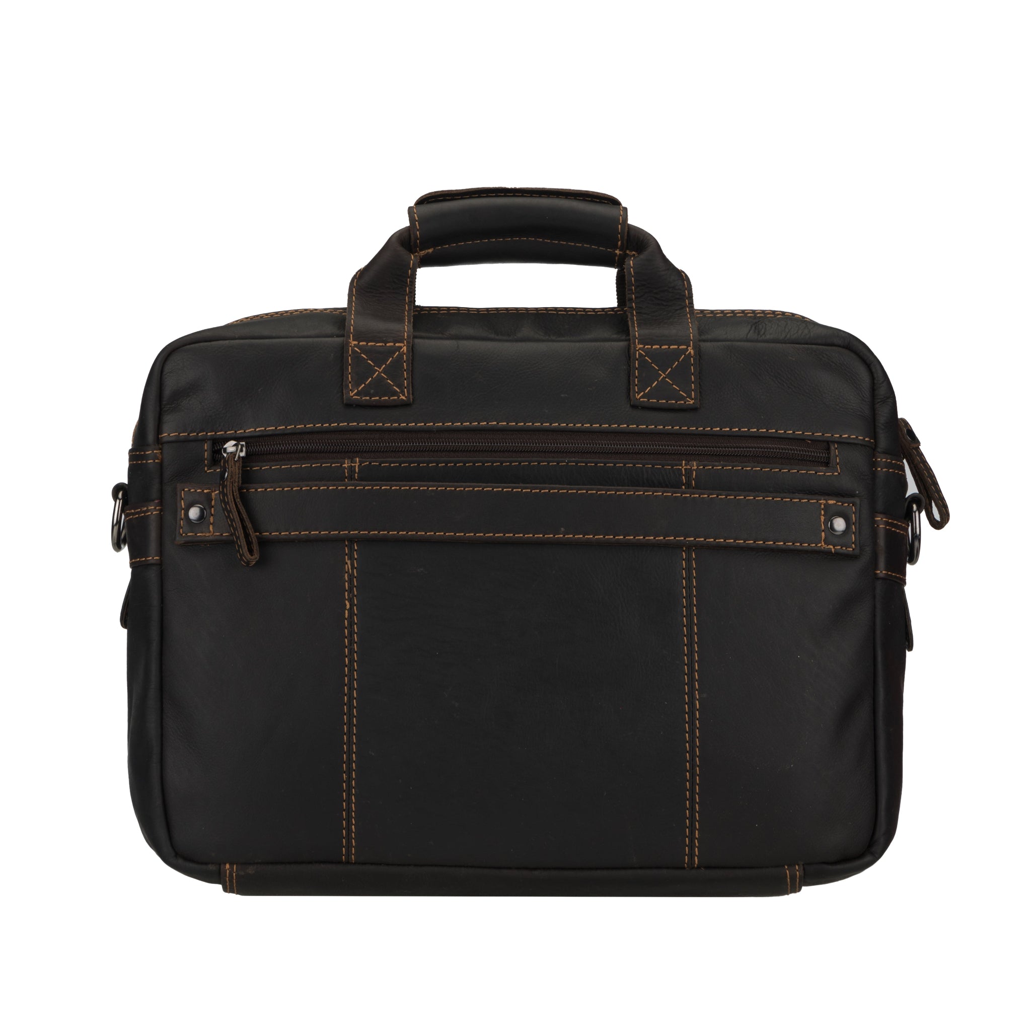 Back view of brown Minori leather briefcase with brown stitching on a white background