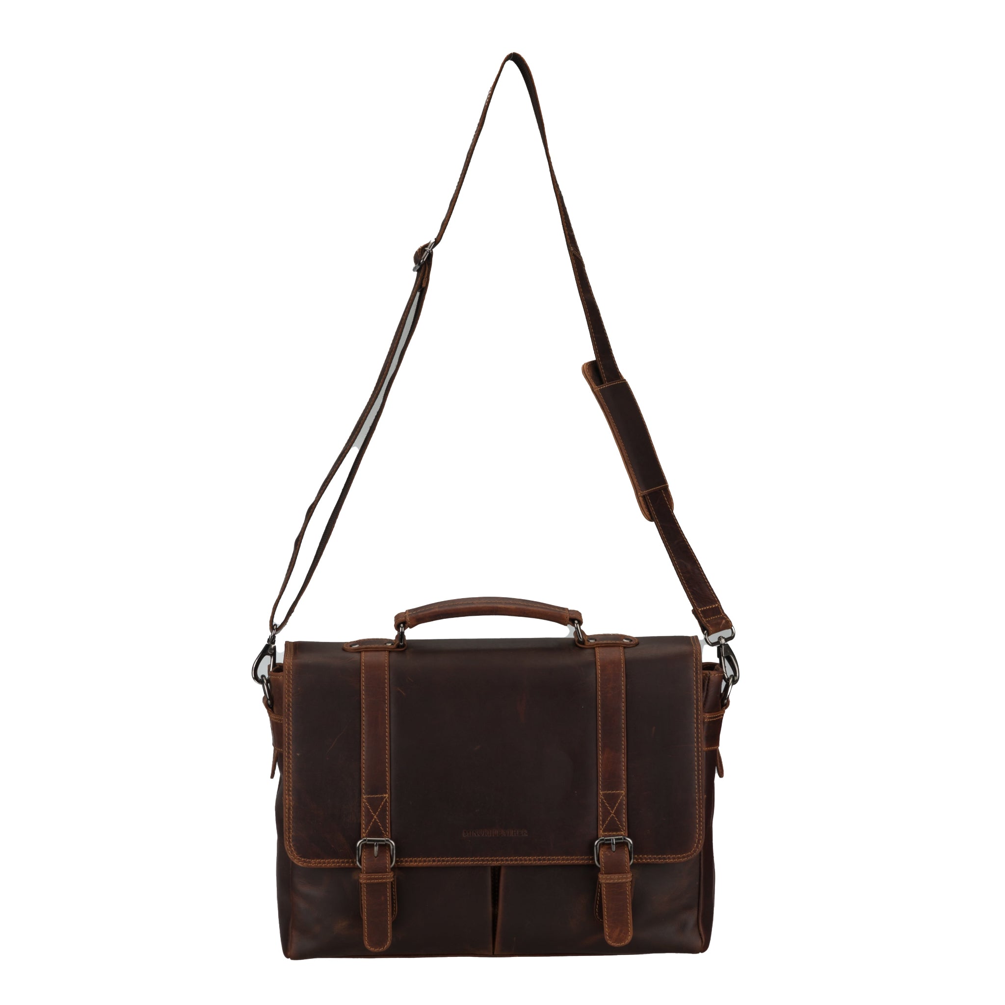 Brown Minori leather briefcase with a shoulder strap on a white background