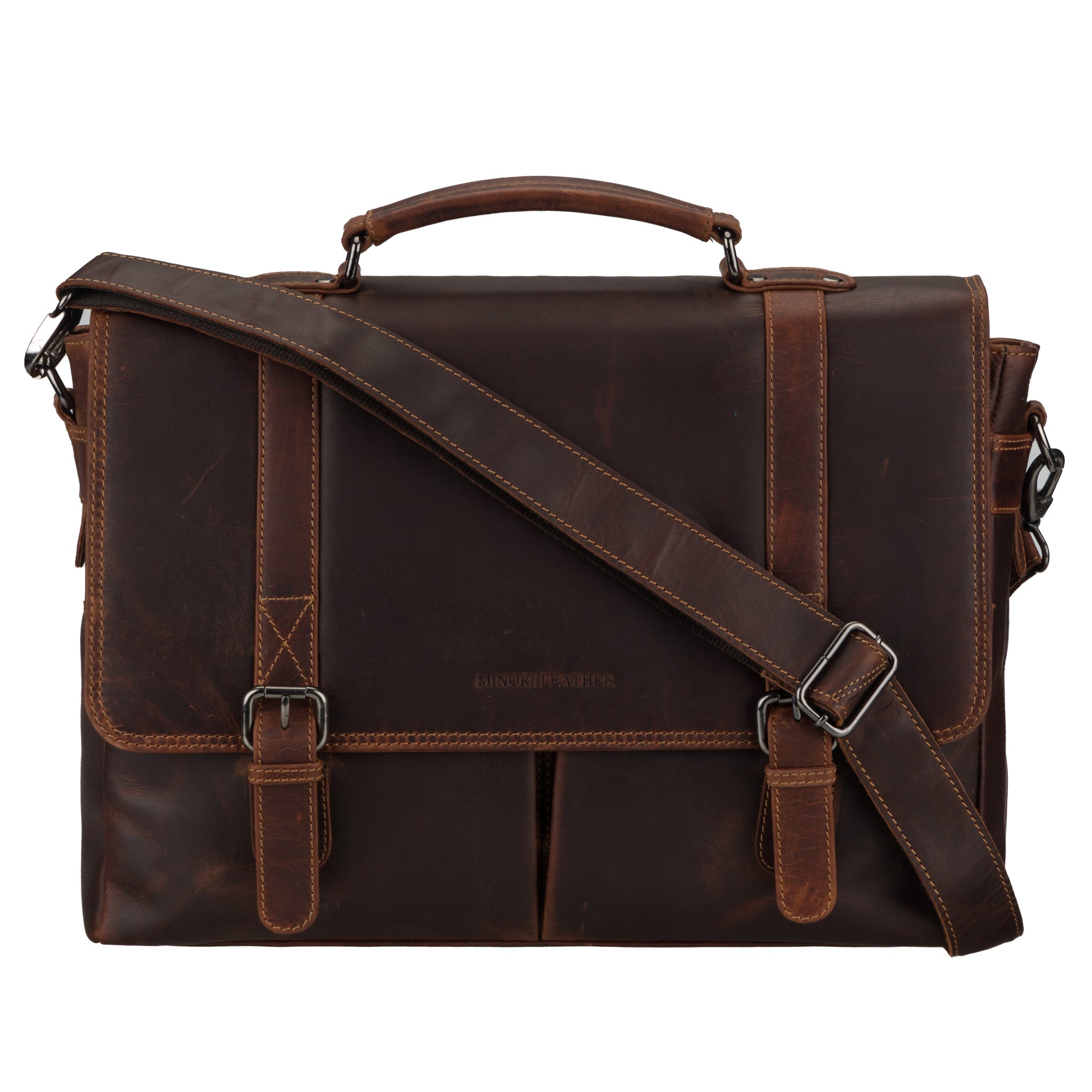 Brown Minori leather messenger bag with a shoulder strap on a white background