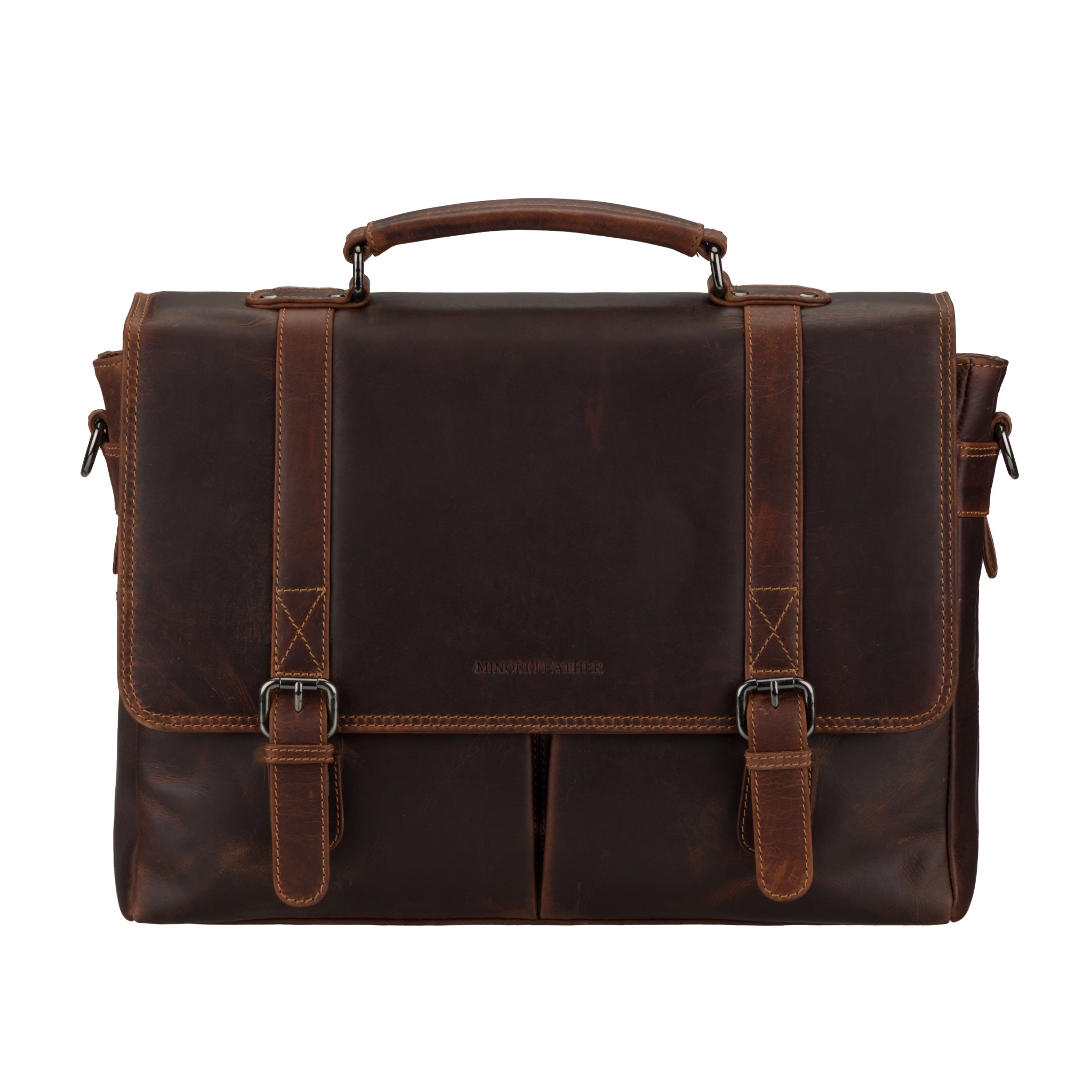 Brown Minori leather briefcase on a white background