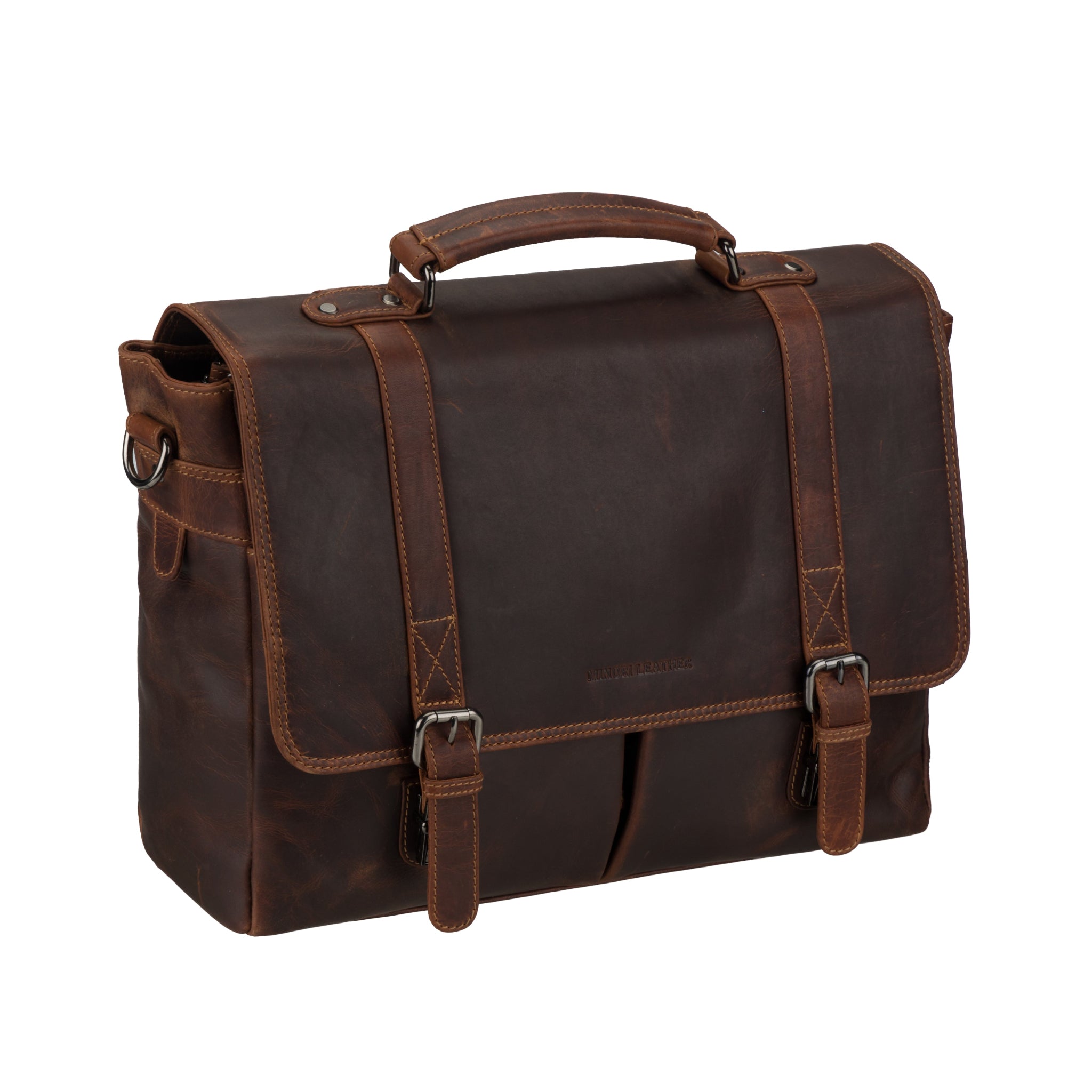Angled view of Brown Minori leather briefcase on a white background