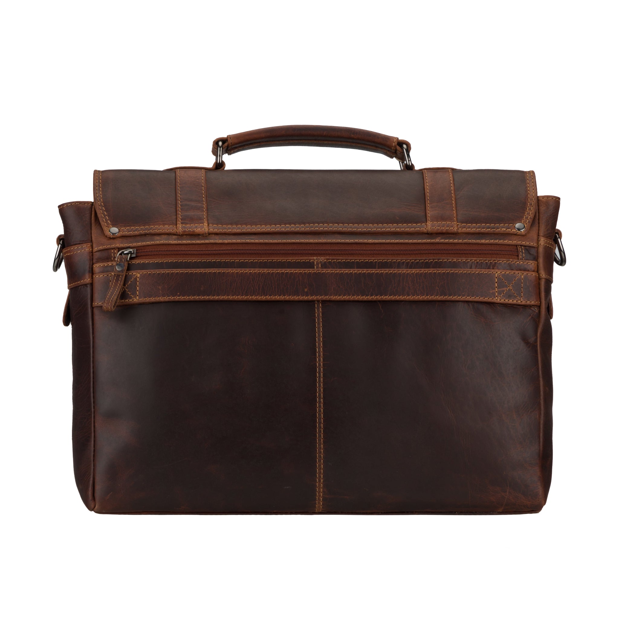 Rear view of Brown Minori leather briefcase on a white background