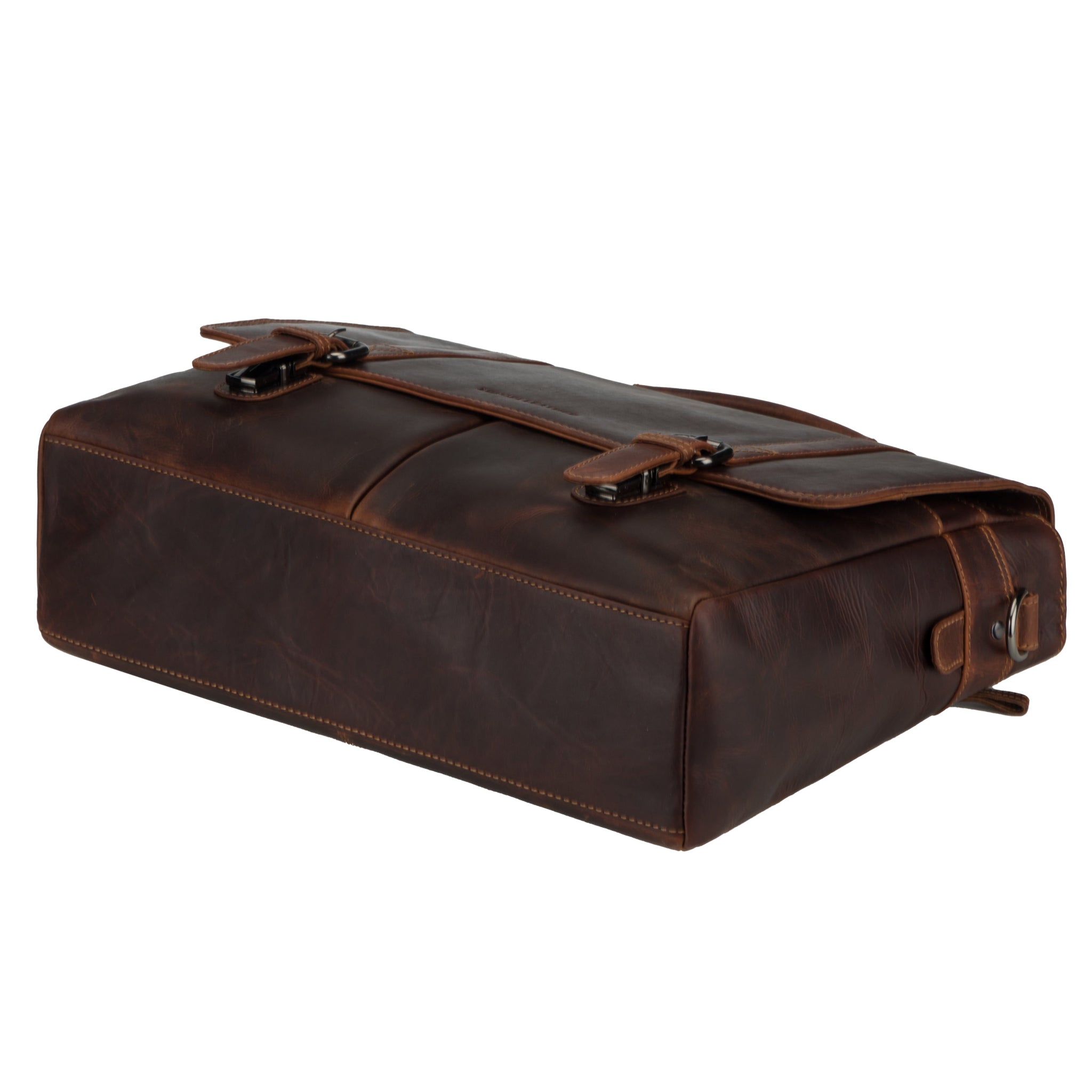Flat lay view of Brown Minori leather bag with a strap on a white background