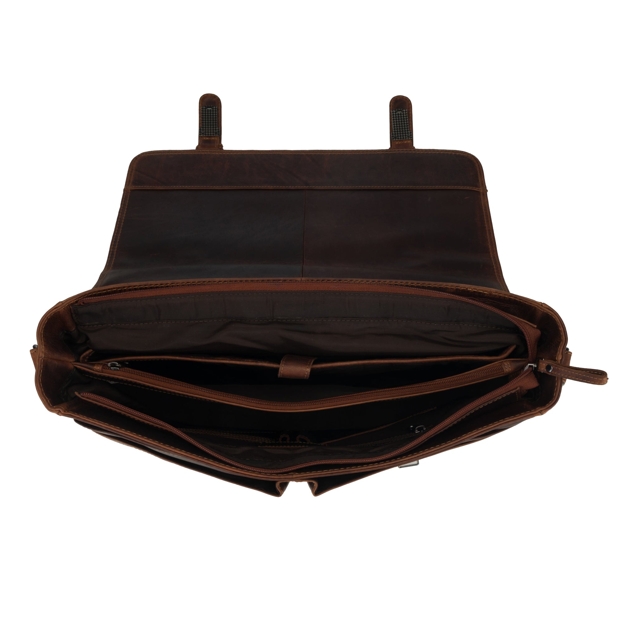 Open view of Brown Minori leather briefcase on a white background