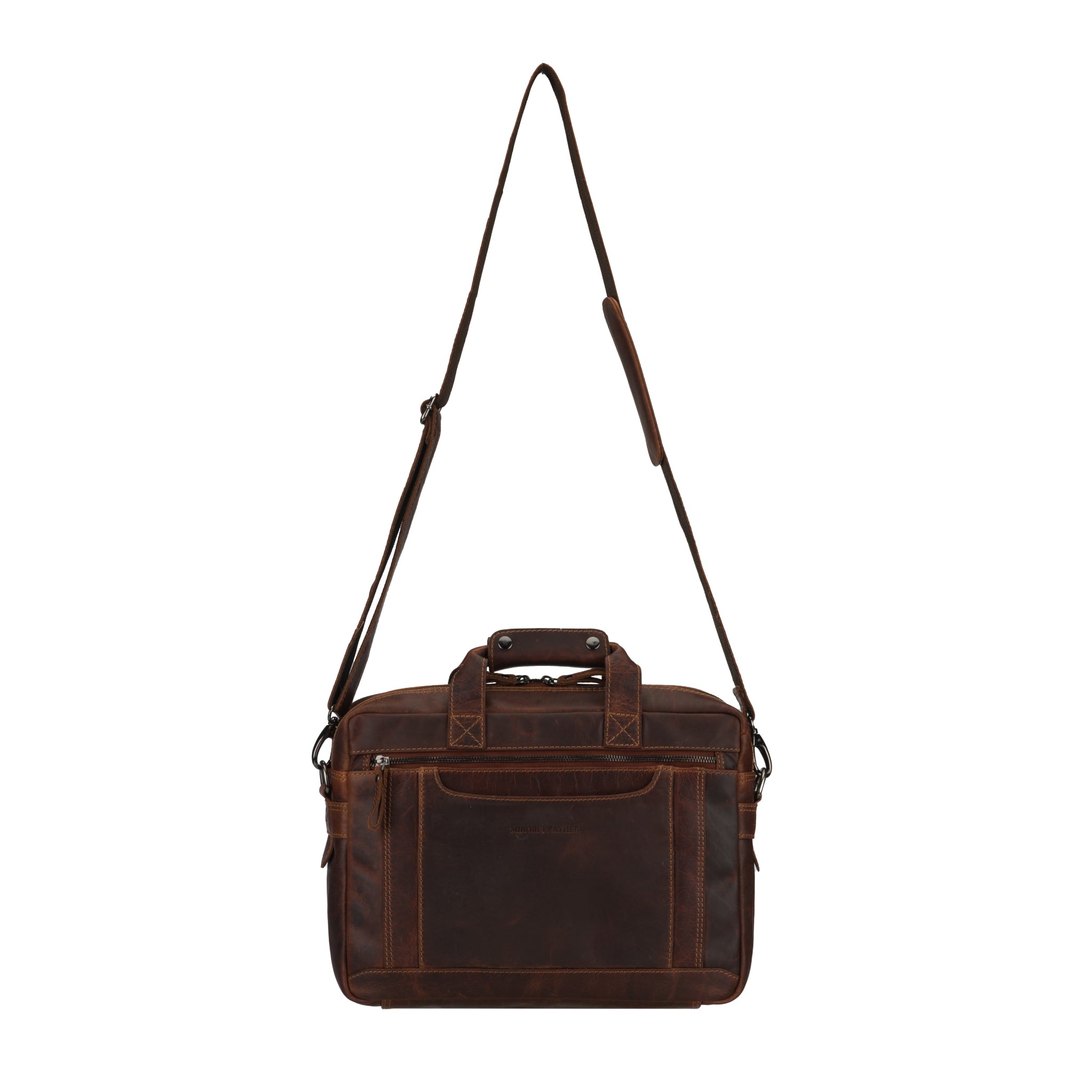 Brown Minori leather briefcase with a shoulder strap on a white background