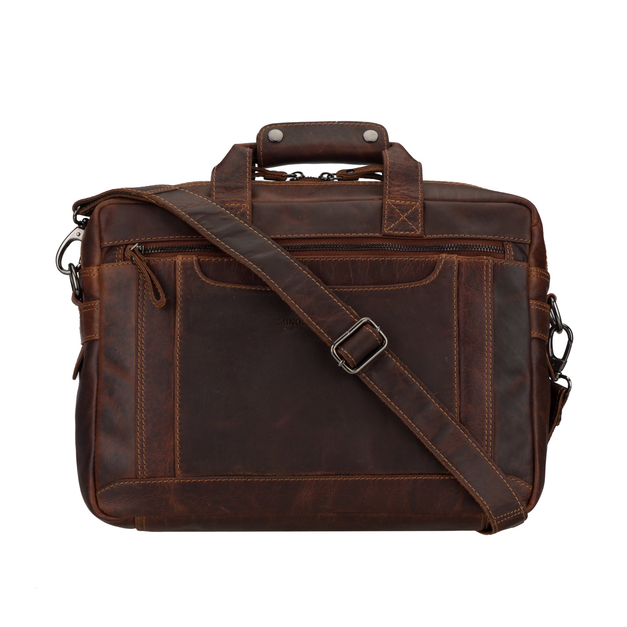 Brown Minori leather briefcase with shoulder strap on a white background