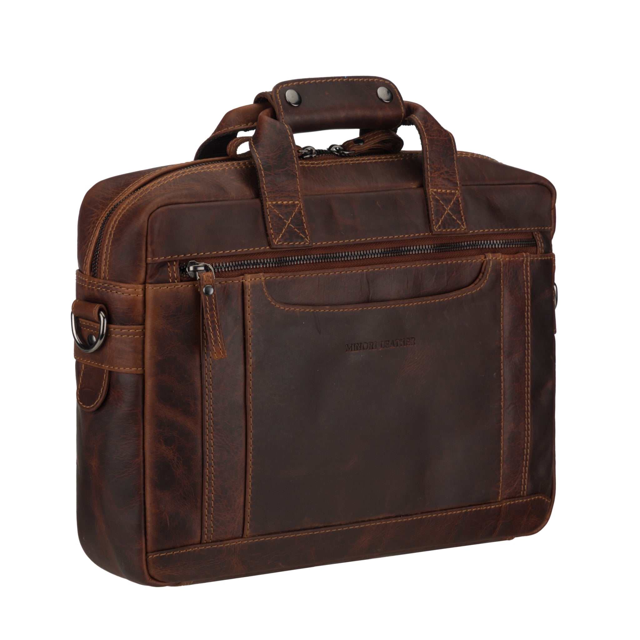 Brown Minori leather briefcase on a white background